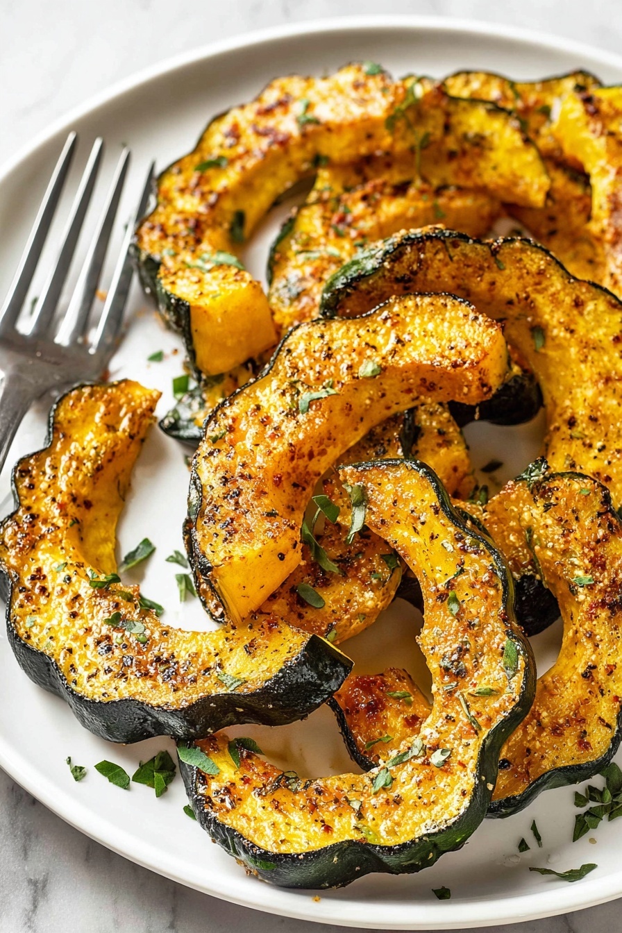 A white plate on a white marbled surface holds about eight slices of roasted squash, each slice crescent-shaped with a dark green outer skin and golden-yellow inside. The squash pieces are cooked with a slightly browned texture, showing a crispy, seasoned coating with visible black pepper and small bits of melted light brown cheese on top. Fresh green herbs are sprinkled on and around the squash, adding color contrast. A silver fork rests to the left side of the plate. The lighting highlights the rich color and texture of the roasted squash, making it look crispy and flavorful. Photo taken with an iphone --ar 2:3 --v 7