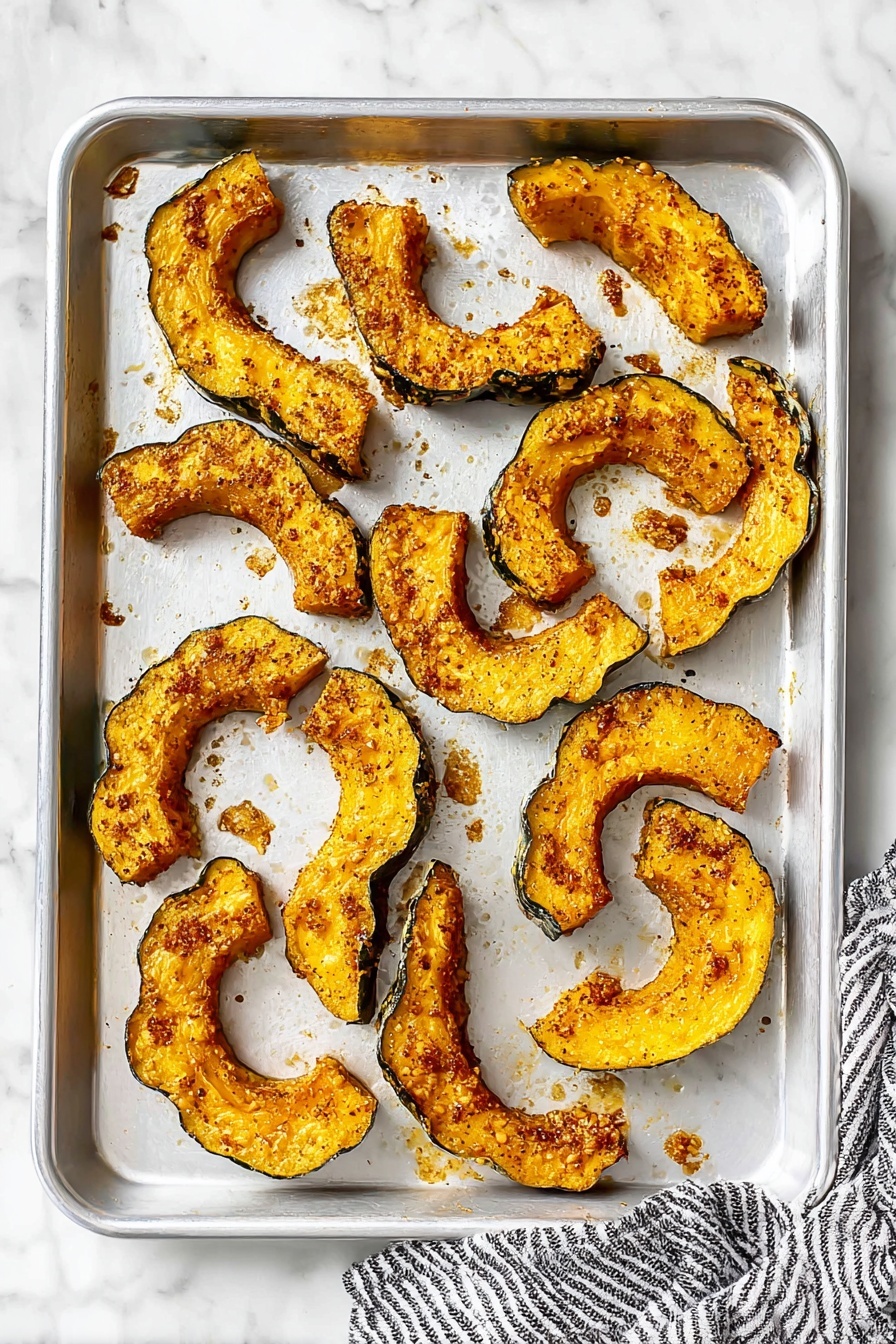 There is a metal baking sheet holding eleven roasted pumpkin slices. Each slice is crescent-shaped with dark green edges and bright orange-yellow centers, covered in a layer of crispy, slightly browned seasoning. The texture looks both soft and crunchy with small browned bits scattered around the slices on the sheet. The baking sheet is placed on a white marbled surface with a black and white striped cloth partially visible at the bottom right corner. photo taken with an iphone --ar 2:3 --v 7