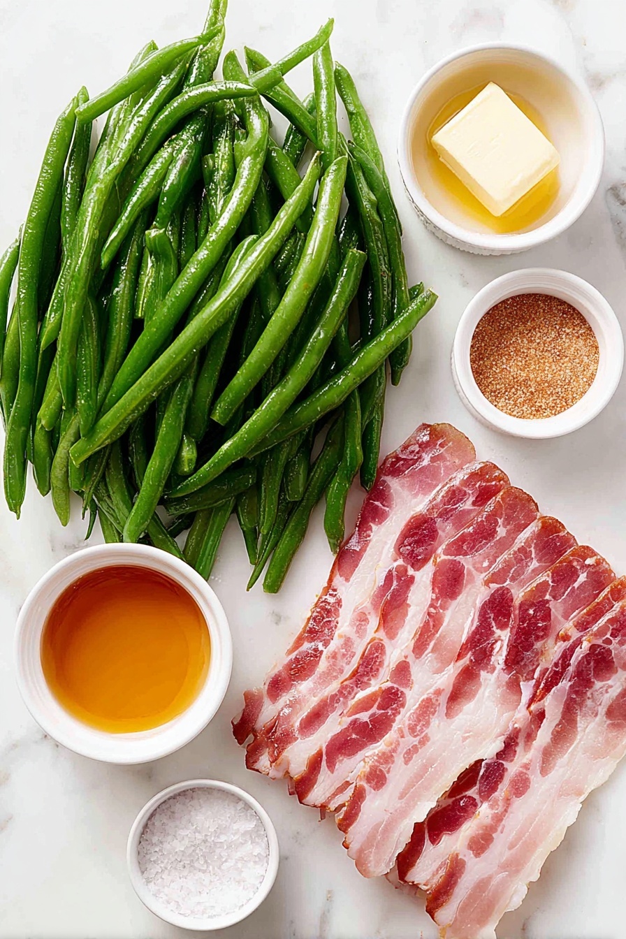 Flat lay of fresh green beans with trimmed ends, six raw slices of thin-cut bacon, a small white ceramic bowl of golden butter cubes, a small white ceramic bowl filled with light brown granulated brown sugar substitute, a small white ceramic bowl containing pale beige garlic powder, a small white ceramic bowl with coarse salt crystals, and a small white ceramic bowl of freshly ground black pepper, all arranged symmetrically and naturally on a clean white marble surface, soft natural light, photo taken with an iPhone, professional food photography style, fresh ingredients, white ceramic bowls, no bottles, no duplicates, no utensils, no packaging --ar 2:3 --v 7 --p m7354615311229779997