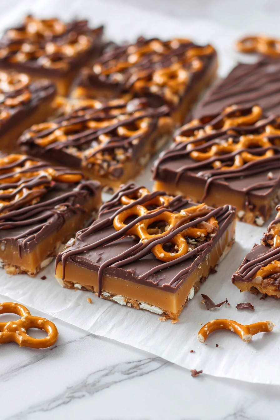 The image shows several square pieces of a snack bar layered with three main layers: the bottom layer is a smooth dark brown chocolate base, the middle layer is made of light brown caramel mixed with crispy circular pretzel pieces, and the top layer is a drizzle of dark brown chocolate in lines. The pieces are unevenly placed on white parchment paper on a white marbled surface, with some broken bits and pretzel crumbs scattered around. Photo taken with an iphone --ar 2:3 --v 7