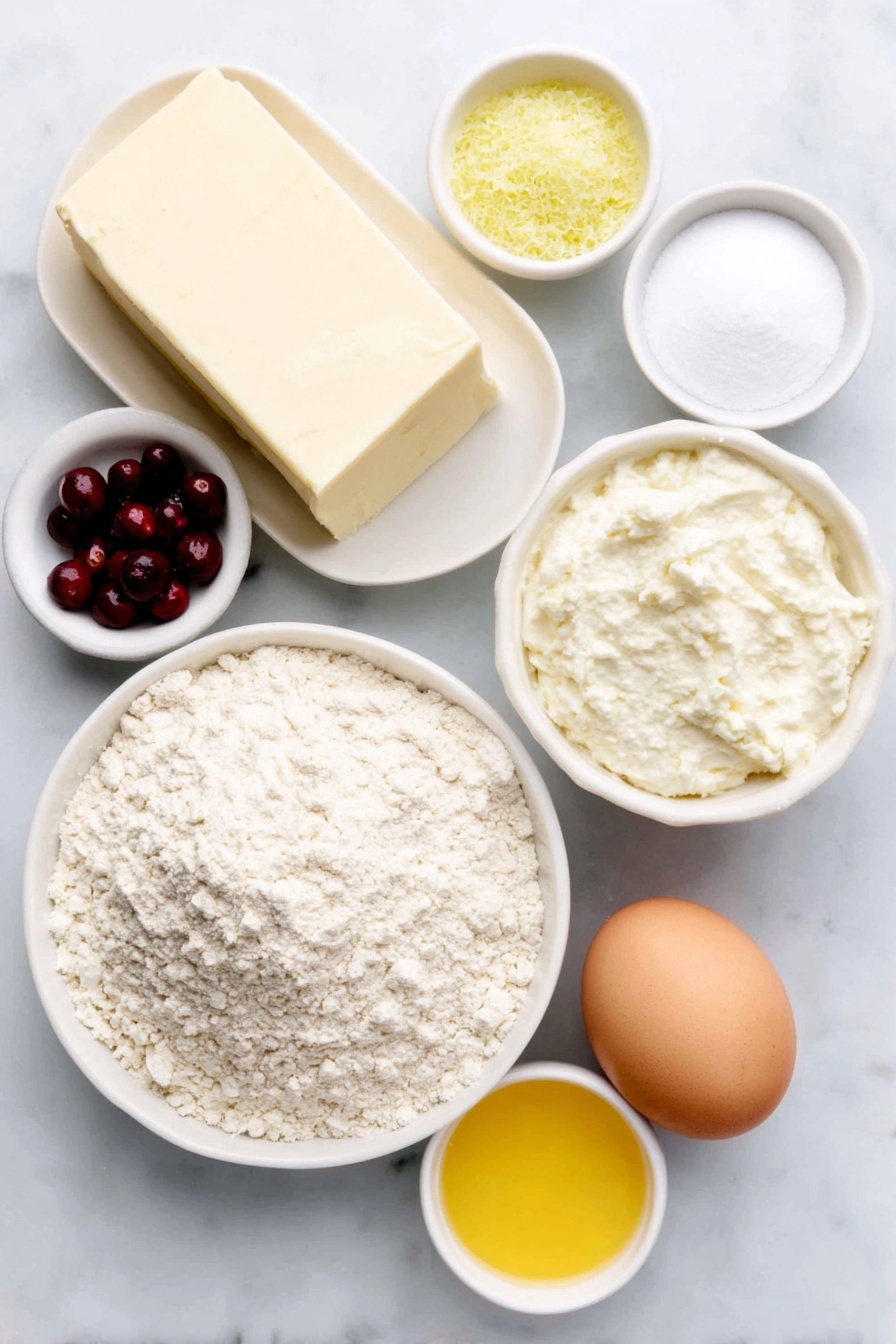 Flat lay of a small mound of all-purpose flour on a simple white ceramic plate, a small heap of granulated sugar on a white ceramic bowl, two teaspoons of bright orange zest freshly grated, a block of frozen unsalted butter with frost visible, a small white bowl filled with heavy cream, one large brown egg with clean shell, a few plump frozen cranberries with a frosty sheen, a small white bowl of pure vanilla extract, a small white bowl of confectioners’ sugar, and a small white bowl of fresh orange juice with vibrant orange color — all arranged symmetrically and balanced, placed on a clean white marble surface, soft natural light, photo taken with an iPhone, professional food photography style, fresh ingredients, white ceramic bowls, no bottles, no duplicates, no utensils, no packaging --ar 2:3 --v 7 --p m7354615311229779997