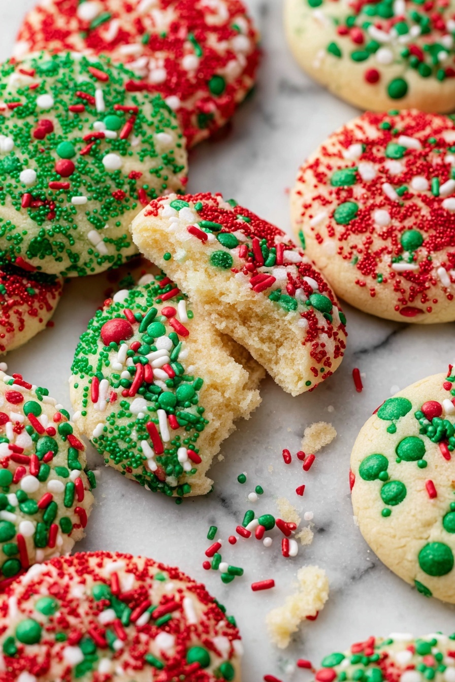 The image shows a group of round sugar cookies with colorful sprinkles on a white marbled surface. The cookies have a soft, light yellow base with different layers of sprinkles on top: some are covered in small round red, green, and white dots, others have tiny green and red balls, and a few have longer red, green, and white rod-shaped sprinkles. One cookie is broken in half showing a soft inside, and another has a small bite taken out of it, revealing the crumbly yet soft texture inside. The colors are bright and festive, making the cookies look cheerful. photo taken with an iphone --ar 2:3 --v 7