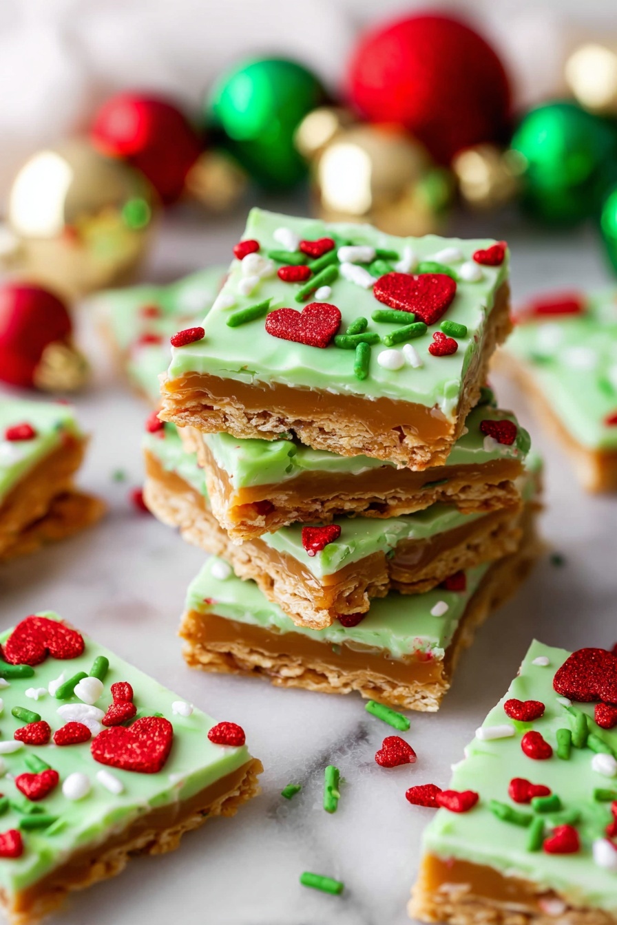 The image shows a stack of roughly eight square pieces of snack made from a light tan cracker base topped with a smooth, pastel green frosting layer. Scattered across the frosting are vibrant red heart-shaped sprinkles and a mix of green, blue, and yellow elongated and round sprinkles. The crispy texture of the crackers contrasts with the soft frosting and colorful sprinkles. The pieces are piled haphazardly on a white marbled surface, giving a festive, playful look. photo taken with an iphone --ar 2:3 --v 7