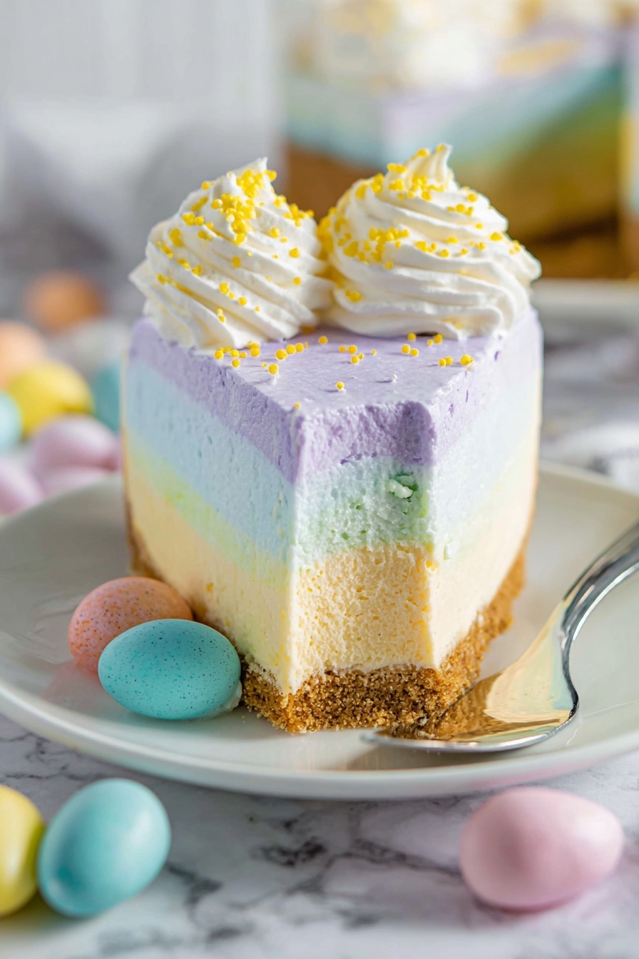 A slice of three-layered pastel cheesecake sits on a white plate with a crumbly brown crust at the bottom, a pale yellow bottom creamy layer, a smooth light blue middle layer, and a light purple top layer with specks mixed in. The cheesecake has a swirl of white whipped topping with yellow sprinkles on top. A piece of the cheesecake is lifted on a silver spatula next to the slice. Around the plate are pastel-colored candy eggs, and the setting is on a white marbled surface. Photo taken with an iphone --ar 2:3 --v 7