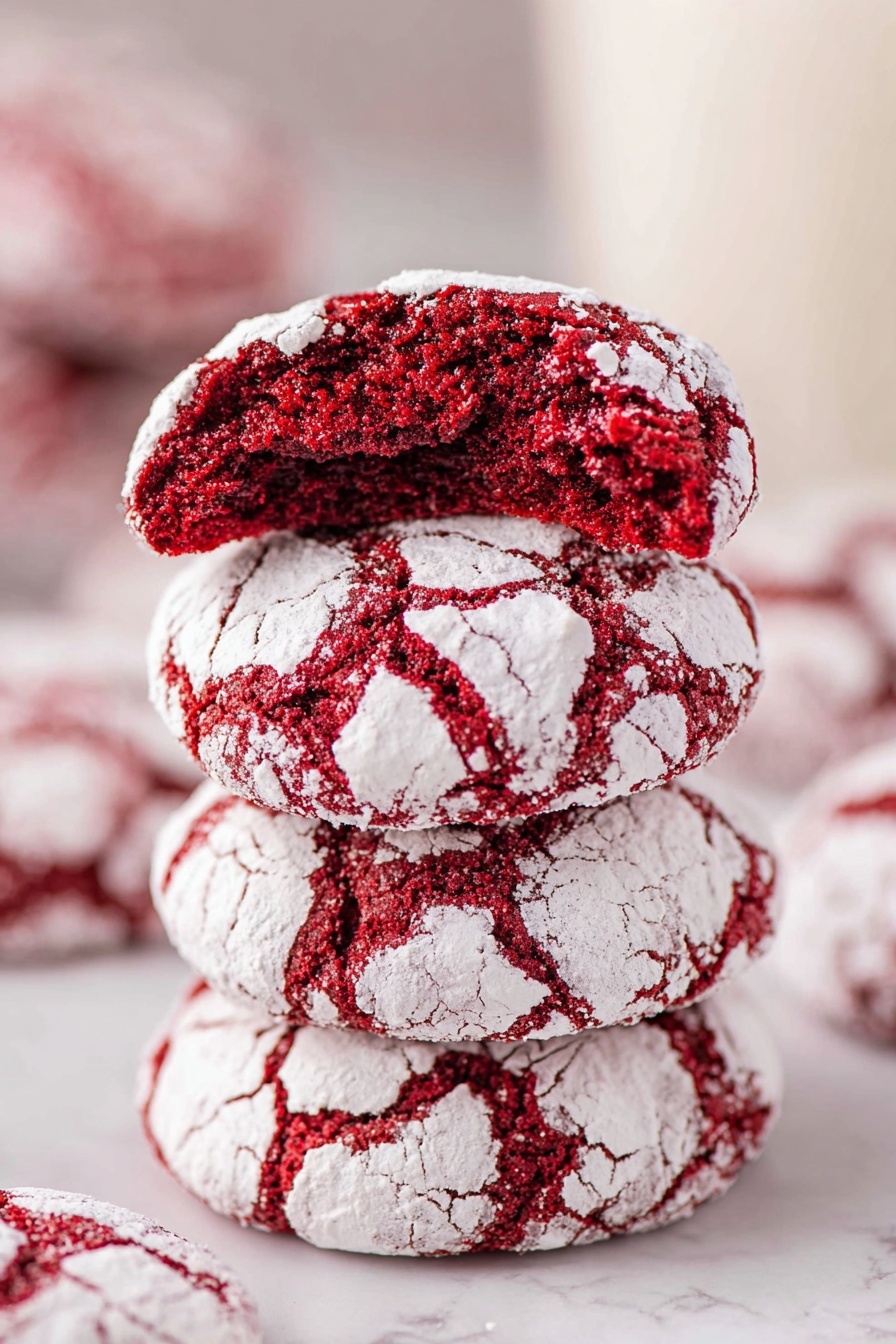 A stack of four thick red velvet cookies is shown on a white marbled surface. Each cookie is round with a cracked surface covered in white powdered sugar, which contrasts with the deep red color of the cookie underneath. The top cookie is bitten in half, revealing a soft, moist inner texture with a rich red color. The stack is tall and slightly uneven, highlighting the cracked powdered sugar pattern on each cookie. In the blurry background, more cookies and a white container are faintly visible. photo taken with an iphone --ar 2:3 --v 7