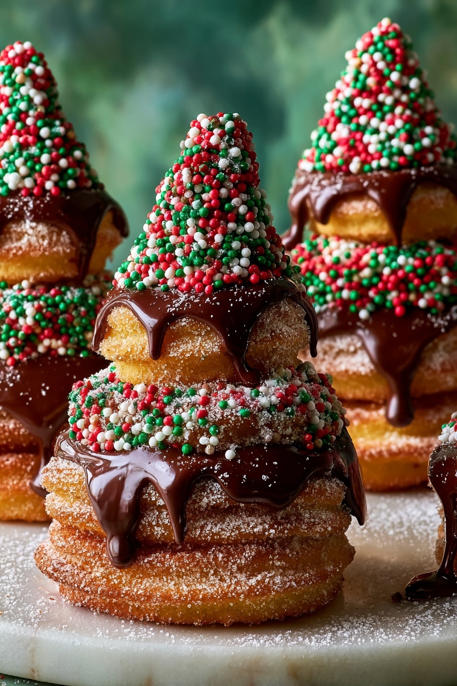 Three Christmas tree shaped desserts made of four layers each, stacked in a small cone form. Each layer is a golden brown cinnamon sugar-coated doughnut or pastry with a rough texture. The top three layers of each tree are covered in glossy dark chocolate sauce that drips down the sides. The whole dessert is decorated with red, white, and green round sprinkles and a light dusting of powdered sugar. They are set on a white marbled surface with a green blurry background. Photo taken with an iphone --ar 2:3 --v 7