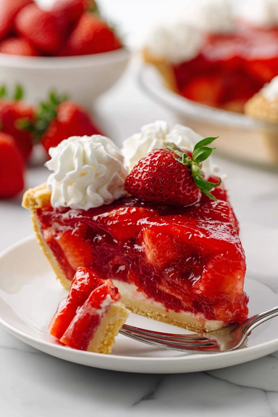 A white pie dish holds a strawberry pie with three visible layers: the bottom layer is a light beige crust with a crumbly texture, the middle layer is filled with chunks of fresh red strawberries, and the top layer is a thick, shiny, deep red strawberry glaze that covers the pie surface. Along the edge of the pie, dollops of white whipped cream are evenly spaced, each topped with half a fresh strawberry with green leaves. One slice is partially taken out, revealing the layers clearly, and the pie dish rests on a white marbled surface. Photo taken with an iphone --ar 2:3 --v 7