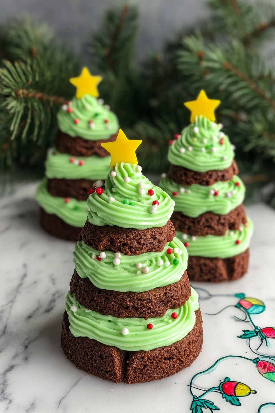 Three small, stacked chocolate cake towers each have three layers. Between and on top of the layers is smooth, bright green frosting shaped like Christmas tree branches. The frosting has red, white, and green round sprinkles, and a small yellow star sits on the very top of each tower. The cakes sit on a white napkin decorated with colored Christmas lights, all placed on a white marbled surface. Some small yellow star decorations are scattered around. In the background, there is green pine tree foliage. Photo taken with an iphone --ar 2:3 --v 7