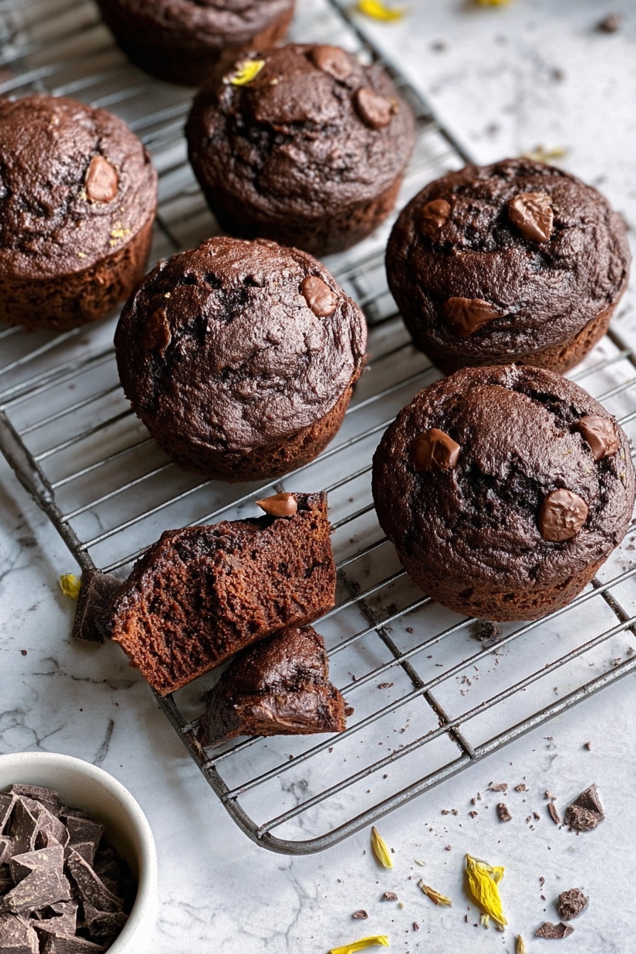 The image shows seven dark brown chocolate muffins on a metal cooling rack placed on a white marbled surface. The muffins have rough, cracked tops with visible chocolate pieces melted inside. One muffin is on its side, showing the textured base. Around the rack, there are small chocolate chunks and some light yellow flower petals scattered. A white bowl partially filled with chocolate pieces is visible in the bottom left corner. The overall look is rich and homemade, with a slightly rustic texture. photo taken with an iphone --ar 2:3 --v 7