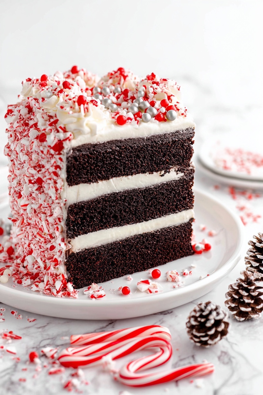 A three-layer dark chocolate cake with thick white frosting between each layer and fully covered on the outside, sitting on a white plate on a white marbled surface. The top is decorated with alternating red and white frosting swirls, sprinkled with small white and red candy pieces, white balls, and silver balls. Crushed red and white candy pieces are scattered around the base of the cake. Two red and white striped candy canes and some small pinecones with white tips are placed next to the plate. photo taken with an iphone --ar 2:3 --v 7