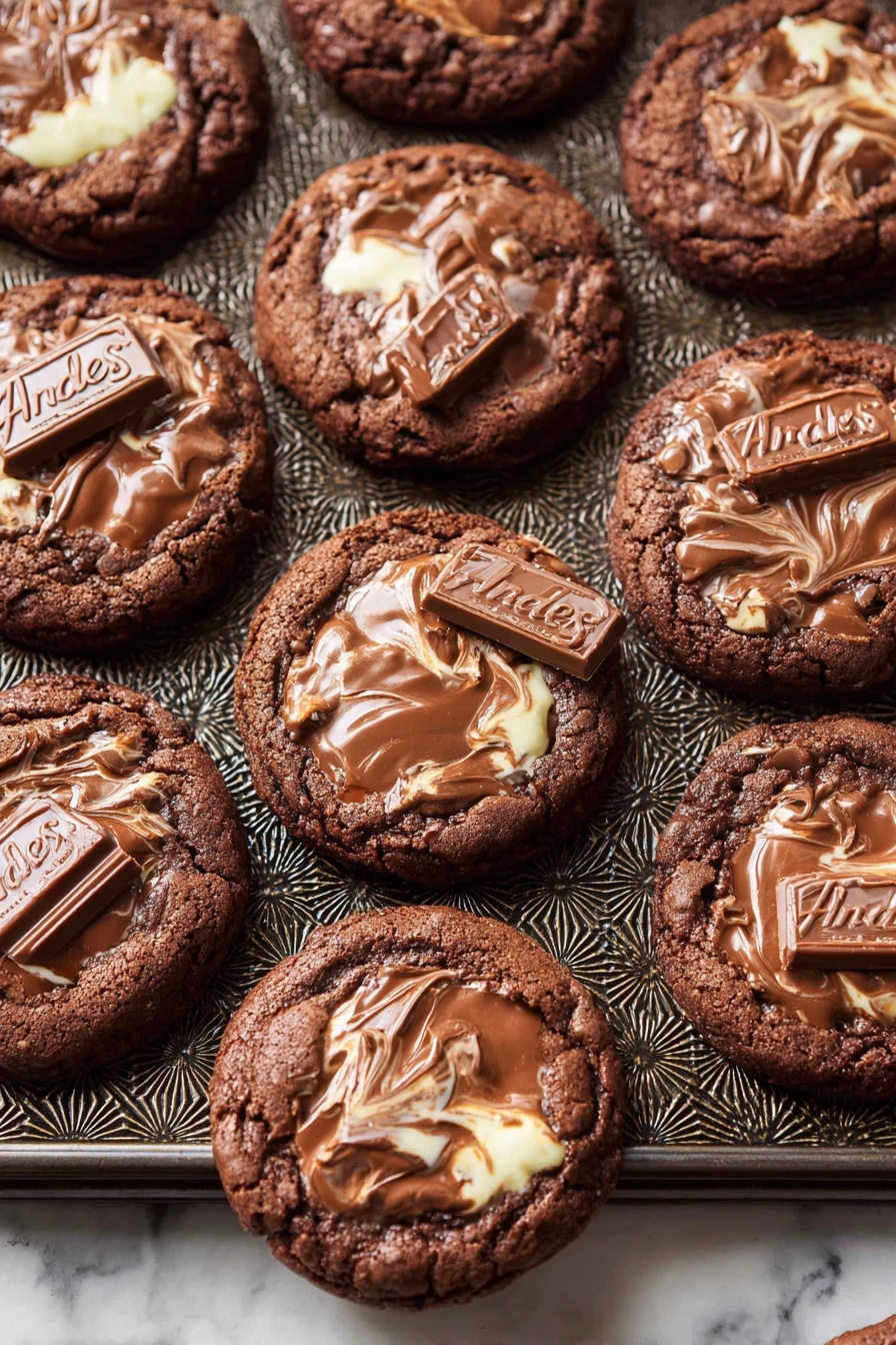 The image shows a close-up of several round chocolate cookies arranged on a textured dark baking tray, placed on a white marbled surface. Each cookie has a rich, dark brown base layer with a soft, slightly cracked texture and is topped with a thick, swirled layer of milk chocolate mixed with white chocolate, creating a marbled effect on the top. Scattered between the cookies are rectangular pieces of dark chocolate, each embossed with the word