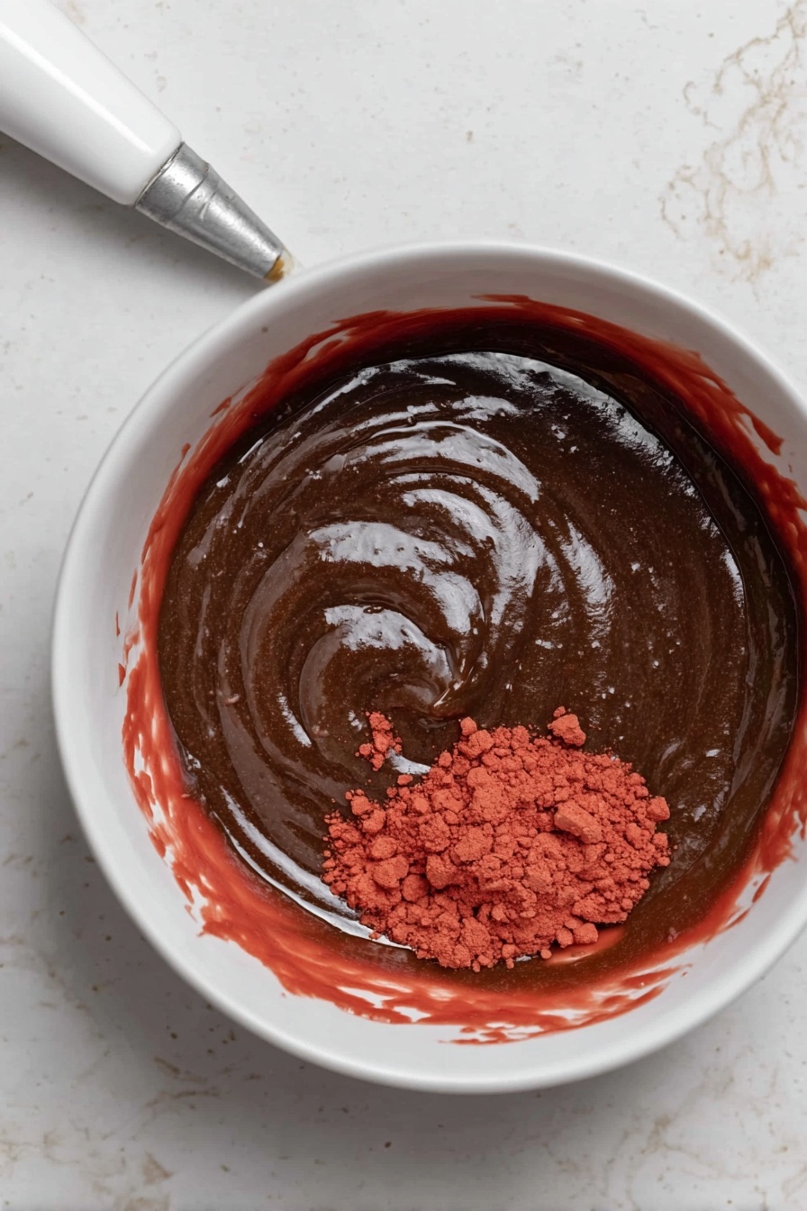 The image shows four bright red macarons on a white marbled surface. Each macaron has two smooth, rounded red shells with a slightly glossy finish. Between the shells is a thick layer of dark brown filling with a slightly rough texture. Around the filling edges, there are small white and red crushed candy pieces, adding a crunchy texture to the macarons. One macaron is cut in half, showing the inside filling and shell texture clearly. In the corner, two red and white striped candy canes lie diagonally. Photo taken with an iphone --ar 2:3 --v 7