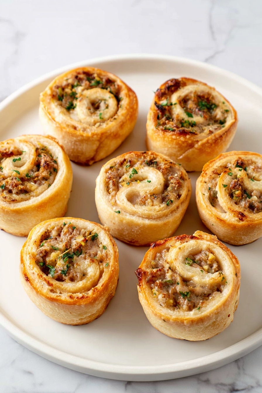 The image shows seven small round rolls arranged on a white plate placed on a white marbled surface. Each roll has two layers: the outer golden-brown baked dough layer wrapping tightly around a light brown filling mixed with small bits of green herbs. The texture of the dough looks soft but firm, while the filling appears crumbly with a slightly moist look. The rolls are evenly spaced on the plate with some shadows creating depth. Photo taken with an iphone --ar 2:3 --v 7