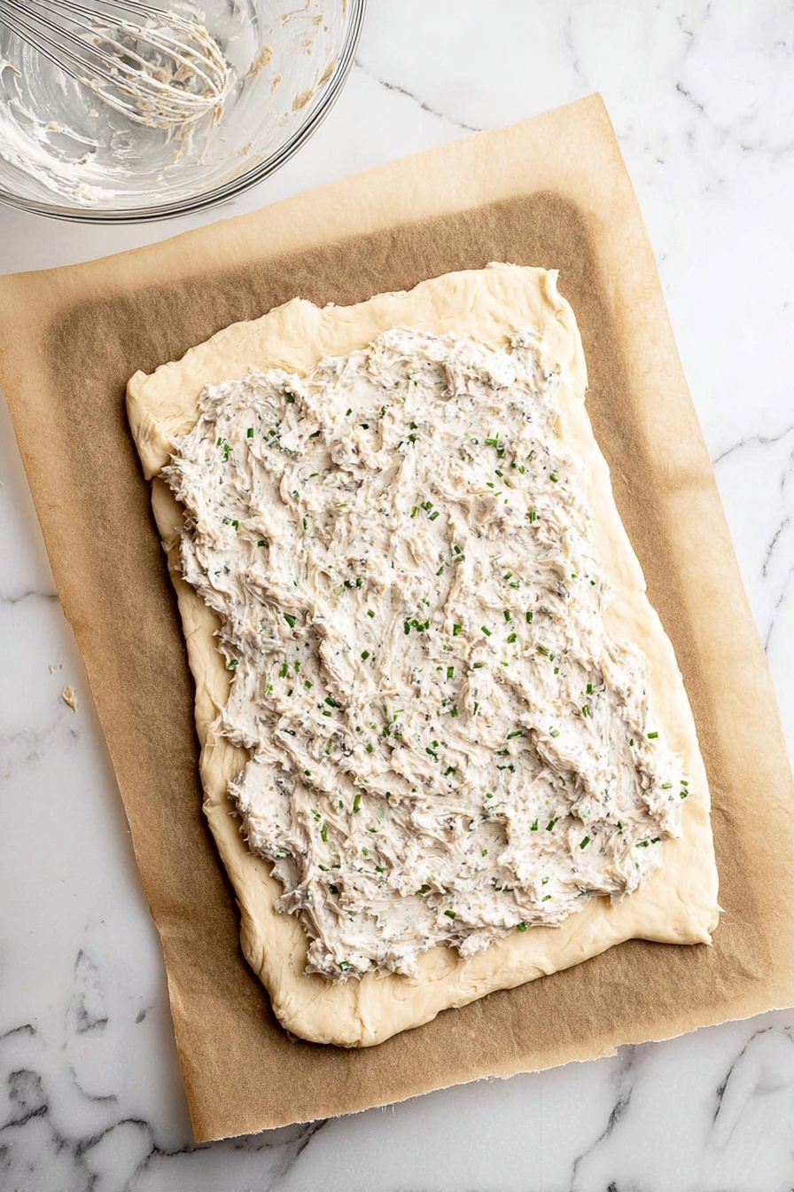 The image shows a white plate on a white marbled surface with a small round biscuit split open to reveal its inside layers. The biscuit has a golden-brown outer crust, a thick middle layer with a light beige, crumbly sausage filling poking out, and a creamy white gravy coating the filling. The biscuit is resting on a silver fork. In the blurry background, there is a white plate with several whole biscuits with golden-brown tops. The setting has a simple and clean look with a white tile wall behind. Photo taken with an iphone --ar 2:3 --v 7