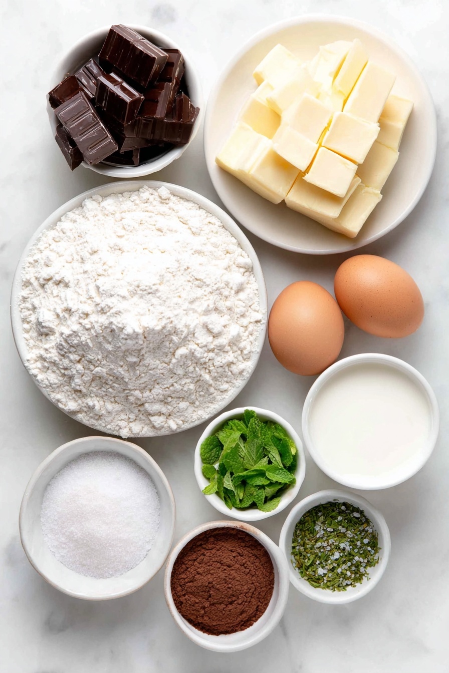 Flat lay of all-purpose flour in a small mound on a simple white ceramic plate, a small white bowl filled with fine granulated sugar, a large whole brown egg with a clean shell, a smaller whole brown egg yolk still in its shell-shaped form on a white ceramic dish, a chunk of unsalted pale yellow butter slightly softened on a white ceramic plate, a small white bowl containing pure vanilla extract, a small white bowl with peppermint leaves finely chopped to represent peppermint extract, a small white bowl of natural unsweetened cocoa powder, a small white bowl of fresh whole milk, and a small white bowl with fine coarse sugar crystals, all perfectly arranged with balanced symmetry, placed on a clean white marble surface, soft natural light, photo taken with an iPhone, professional food photography style, fresh ingredients, white ceramic bowls, no bottles, no duplicates, no utensils, no packaging --ar 2:3 --v 7 --p m7354615311229779997