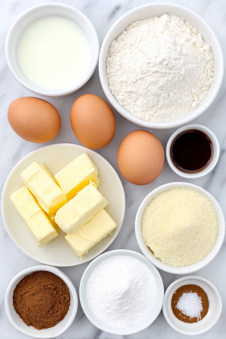 Flat lay of a small white ceramic bowl of whole milk, a small white ceramic bowl of granulated sugar, two brown eggs with clean shells, four pieces of softened unsalted butter on a simple white ceramic plate, a small white ceramic bowl of ground cinnamon, a small white ceramic bowl of confectioners’ sugar, a small white ceramic bowl of pure vanilla extract, a small white ceramic bowl of extra milk, a small pile of all-purpose flour on a simple white ceramic plate, a small pile of instant yeast granules on a simple white ceramic plate, a pinch of salt in a small white ceramic bowl, all ingredients fresh and natural, arranged symmetrically with balanced proportions, placed on a clean white marble surface, soft natural light, photo taken with an iPhone, professional food photography style, fresh ingredients, white ceramic bowls, no bottles, no duplicates, no utensils, no packaging --ar 2:3 --v 7 --p m7354615311229779997