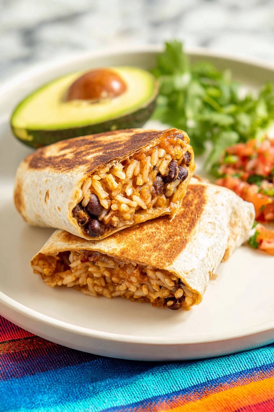A white plate holds a toasted burrito cut in half, showing layers of light brown rice mixed with black beans and a reddish sauce inside a golden-brown grilled tortilla. One half is stacked on top of the other, revealing its filling. Behind the burrito, there is a halved avocado with a bright green inside and brown seed, with fresh green cilantro next to it. To the side, there is a small pile of finely chopped red, orange, and green salsa. The plate sits on a white marbled surface, and a colorful blue and orange striped cloth is blurred in the background. photo taken with an iphone --ar 2:3 --v 7
