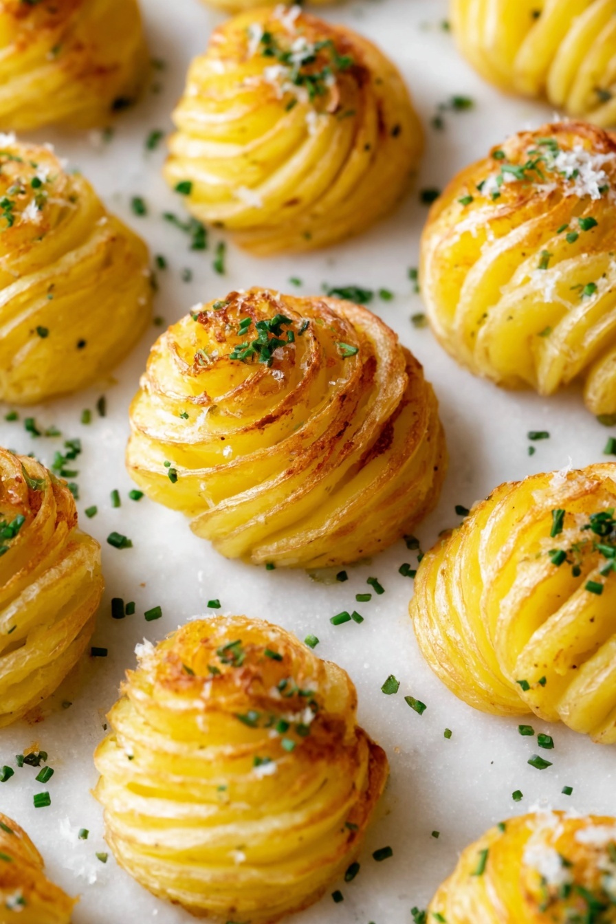 The image shows multiple small, round, golden-yellow swirled potato shapes with a lightly crisped top layer. Each potato shape has a smooth texture with ridges forming a spiral pattern from the base to the top, where some parts are slightly browned. They are placed evenly spaced on a white marbled surface, sprinkled with finely chopped green herbs and small flakes of white cheese, adding contrast and detail to the scene. The overall look is warm, inviting, and neatly arranged, showcasing a baked side dish. photo taken with an iphone --ar 2:3 --v 7