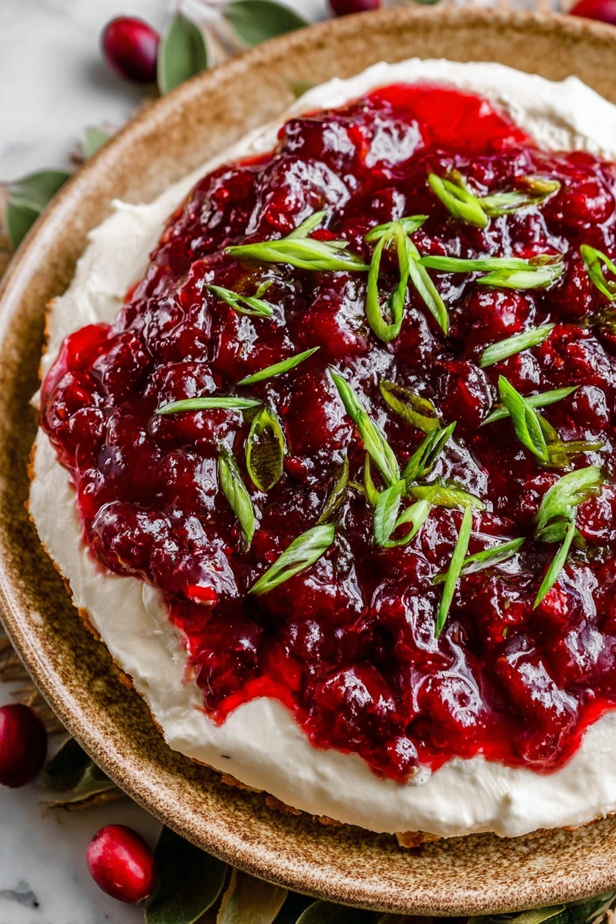 A close-up of a white plate with a cream cheese layer spread evenly on the bottom, showing a smooth and slightly thick white texture. On top is a thick, dark red cranberry sauce layer that covers most of the surface with a shiny and chunky texture. Scattered over the red layer are fresh, bright green sliced scallions adding a fresh pop of color. The plate is set on a white marbled surface with a few cranberries and green leaves around it, giving a natural and rustic feel. photo taken with an iphone --ar 2:3 --v 7