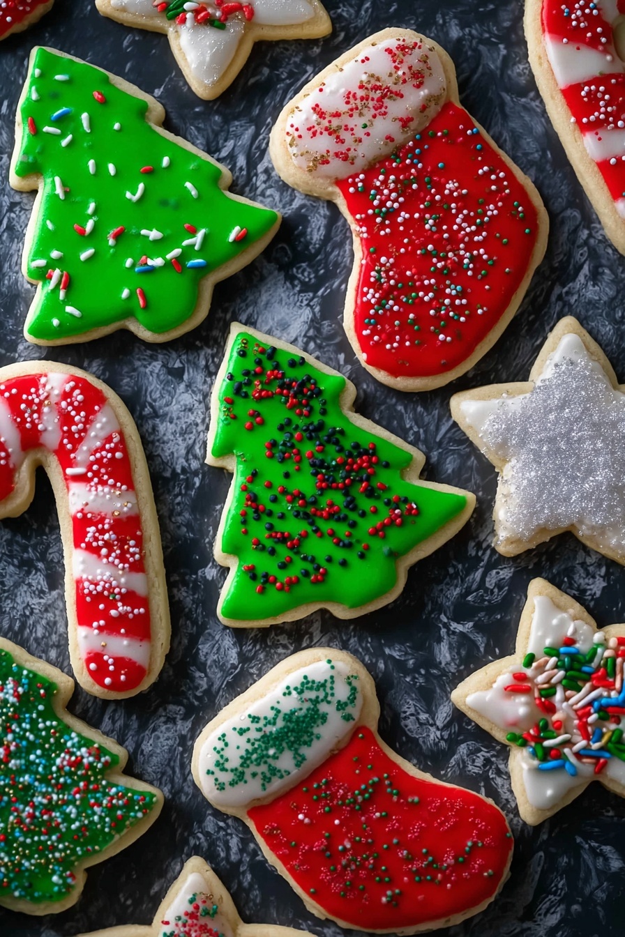 The image shows several Christmas-themed sugar cookies arranged on a dark surface with a white marbled texture added behind. There are cookies shaped like Christmas trees in bright green icing with different types of sprinkles, a red mitten covered with red and white icing and sprinkles, candy cane shapes with red and white stripes and colorful sprinkles, and star shapes with white icing and shimmering sugar. Each cookie has one main icing layer covering the top, smooth and shiny, with sprinkles placed on top for decoration. photo taken with an iphone --ar 2:3 --v 7