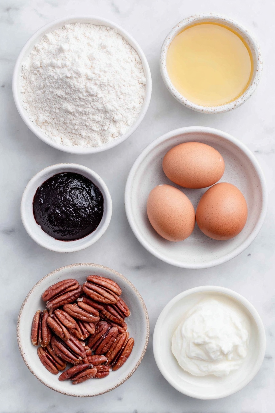 Flat lay of a small mound of all-purpose flour, a white ceramic bowl with a cinnamon, ginger, allspice, cloves, nutmeg, baking powder, baking soda, and salt spice mix, a small white bowl of melted golden butter, a small white bowl with dark brown sugar, a small white bowl filled with dark molasses, three whole brown eggs with clean shells, a small white bowl of creamy buttermilk, and a handful of glossy pecan halves arranged in a simple white ceramic bowl placed on a clean white marble surface, soft natural light, photo taken with an iPhone, professional food photography style, fresh ingredients, white ceramic bowls, no bottles, no duplicates, no utensils, no packaging --ar 2:3 --v 7 --p m7354615311229779997