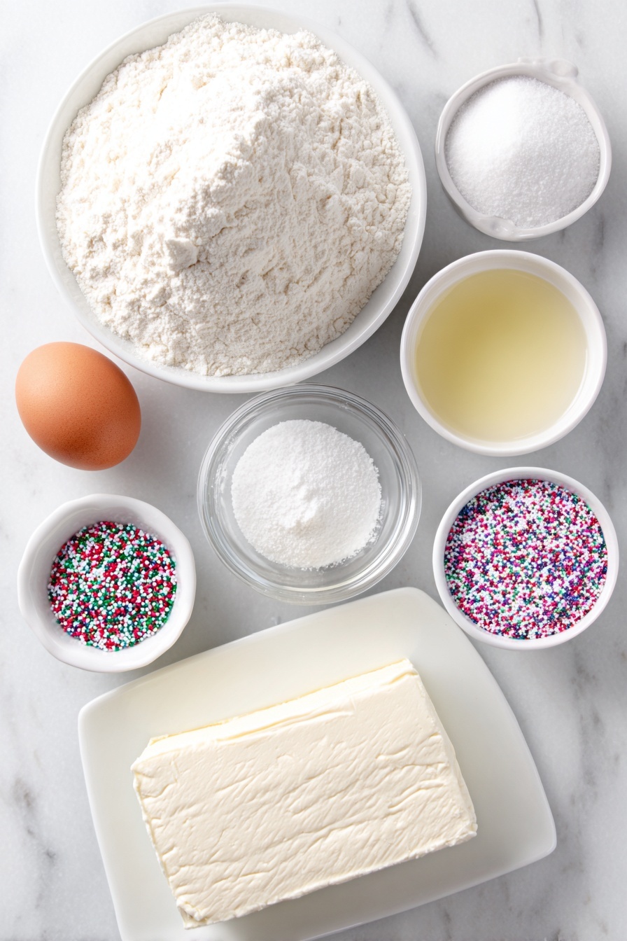 Flat lay of a small mound of all-purpose flour on a white ceramic plate, a small white ceramic bowl of baking powder, a small white ceramic bowl of salt, a piece of unsalted butter on a simple white ceramic dish, a block of full-fat cream cheese on a white ceramic plate, a small white ceramic bowl filled with granulated sugar, one large whole uncracked brown egg beside a white ceramic bowl of pale golden vanilla extract, a small white ceramic bowl with clear almond extract, and a small white ceramic bowl overflowing with colorful sanding sugar and nonpareil sprinkles, all arranged in perfect symmetry on a clean white marble surface, soft natural light, photo taken with an iPhone, professional food photography style, fresh ingredients, white ceramic bowls, no bottles, no duplicates, no utensils, no packaging --ar 2:3 --v 7 --p m7354615311229779997