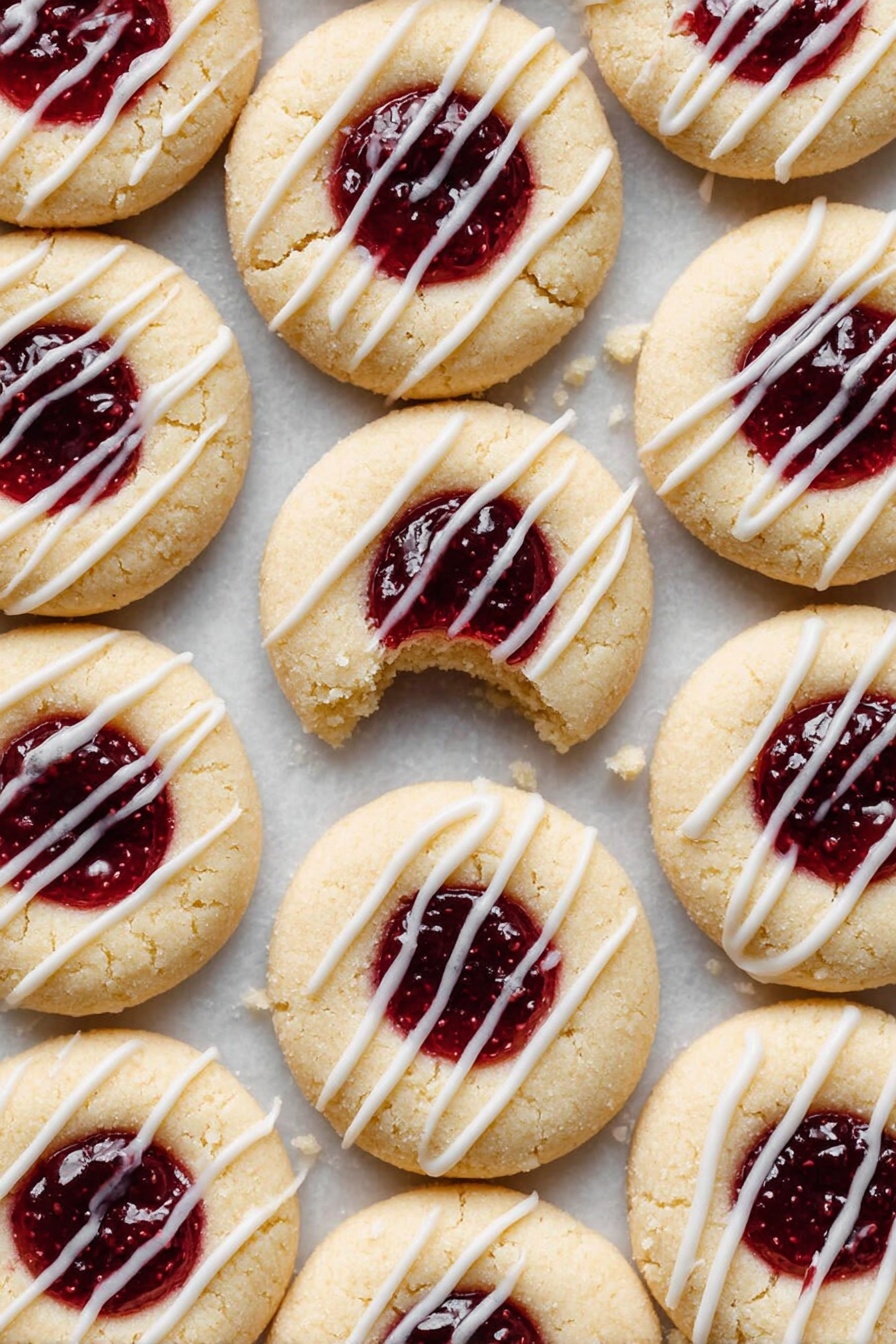 The image shows many round cookies arranged close together on a white marbled surface. Each cookie has a pale golden base with a soft texture and a circular indentation in the center filled with shiny dark red jam. The top of each cookie is decorated with thin white icing lines drizzled diagonally across, adding a smooth and glossy detail. One cookie near the middle has a small bite taken out, revealing a soft crumb inside with a few crumbs scattered nearby. The overall look is neat and inviting, with the contrast between the pale cookie dough, dark red jam, and white icing creating an appealing pattern photo taken with an iphone --ar 2:3 --v 7