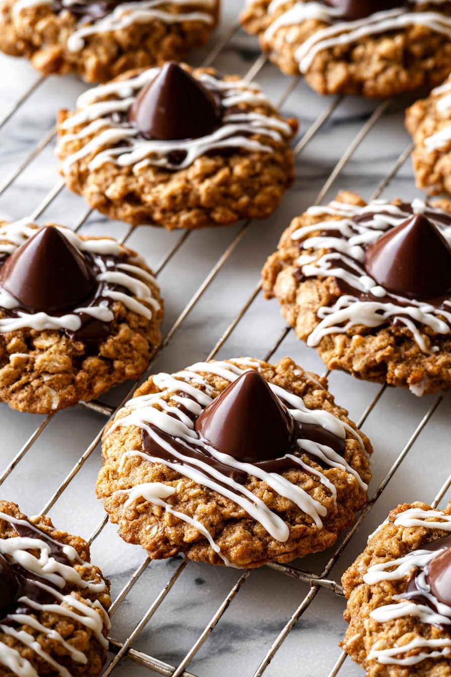 The image shows several round oatmeal cookies with a rough, bumpy texture, light brown in color, each topped with a single large cone-shaped dark chocolate piece in the center. White icing is drizzled over the top of each cookie in thin, wavy lines creating a contrast against the brown cookie and chocolate. The cookies rest spaced out on a metal cooling rack, and the background is a white marbled surface, giving a clean and bright look. photo taken with an iphone --ar 2:3 --v 7