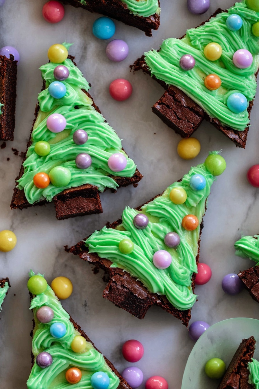 The image shows several triangular chocolate cake slices arranged on a white marbled surface. Each cake slice has one layer of dark brown chocolate cake topped with a thick, wavy layer of bright green frosting that looks smooth and creamy, piped diagonally across the top. Small colorful candy balls in pink, purple, blue, red, yellow, orange, and green are scattered on the frosting, creating a fun, festive look. Each slice has a small striped candy stick placed at the wide end, extending outward. Around the cake slices, there are loose colorful candy balls scattered on the white marbled surface, adding to the playful arrangement. Photo taken with an iphone --ar 2:3 --v 7