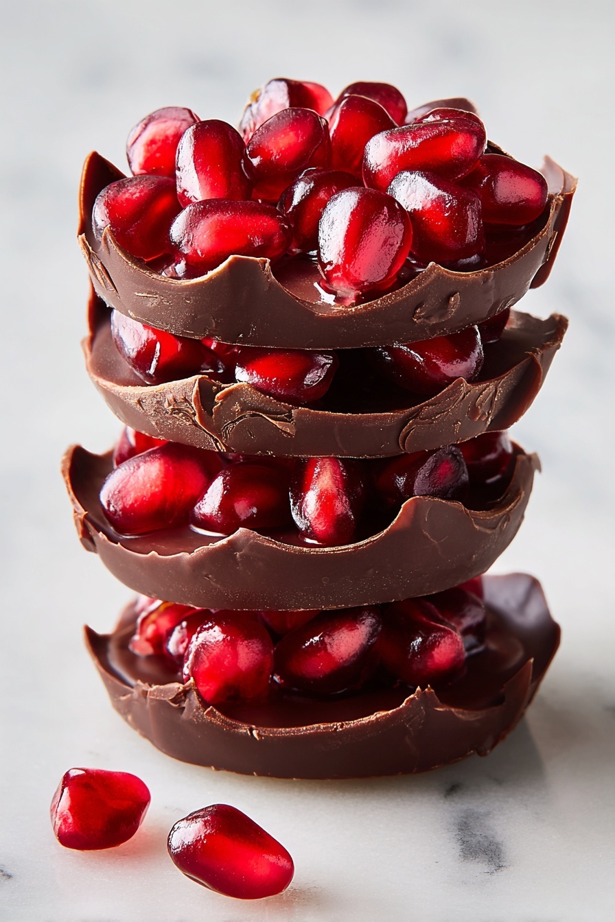 The image shows a stack of four round chocolate discs layered with bright red pomegranate seeds and dark brown chocolate swirls on top. Each disc is thin and has a rough chocolate edge that curves slightly upward, holding the shiny, juicy pomegranate seeds in place. The red seeds stand out vividly against the smooth, glossy chocolate layers, creating a contrast of bright and deep colors. A few loose pomegranate seeds lie beside the stack on a white marbled surface. The photo taken with an iphone --ar 2:3 --v 7
