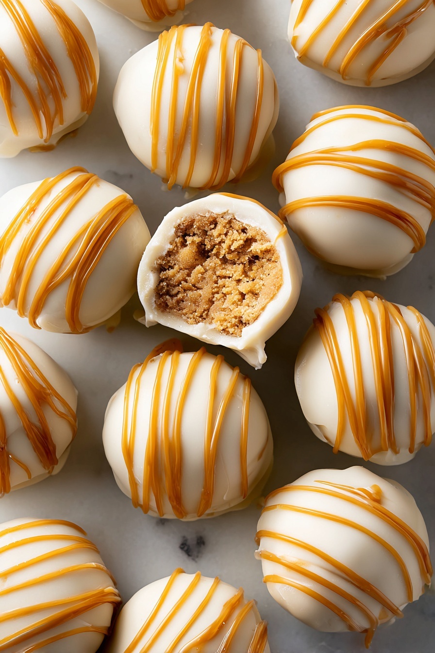 The image shows many round white chocolate balls placed on a white marbled surface. Each ball is covered with smooth, creamy white chocolate and decorated with evenly spaced orange caramel-colored stripes drizzled on top. One ball is broken open in the middle, revealing a soft, slightly grainy brown filling inside. The balls are arranged close together, showing their smooth and glossy textures clearly. photo taken with an iphone --ar 2:3 --v 7