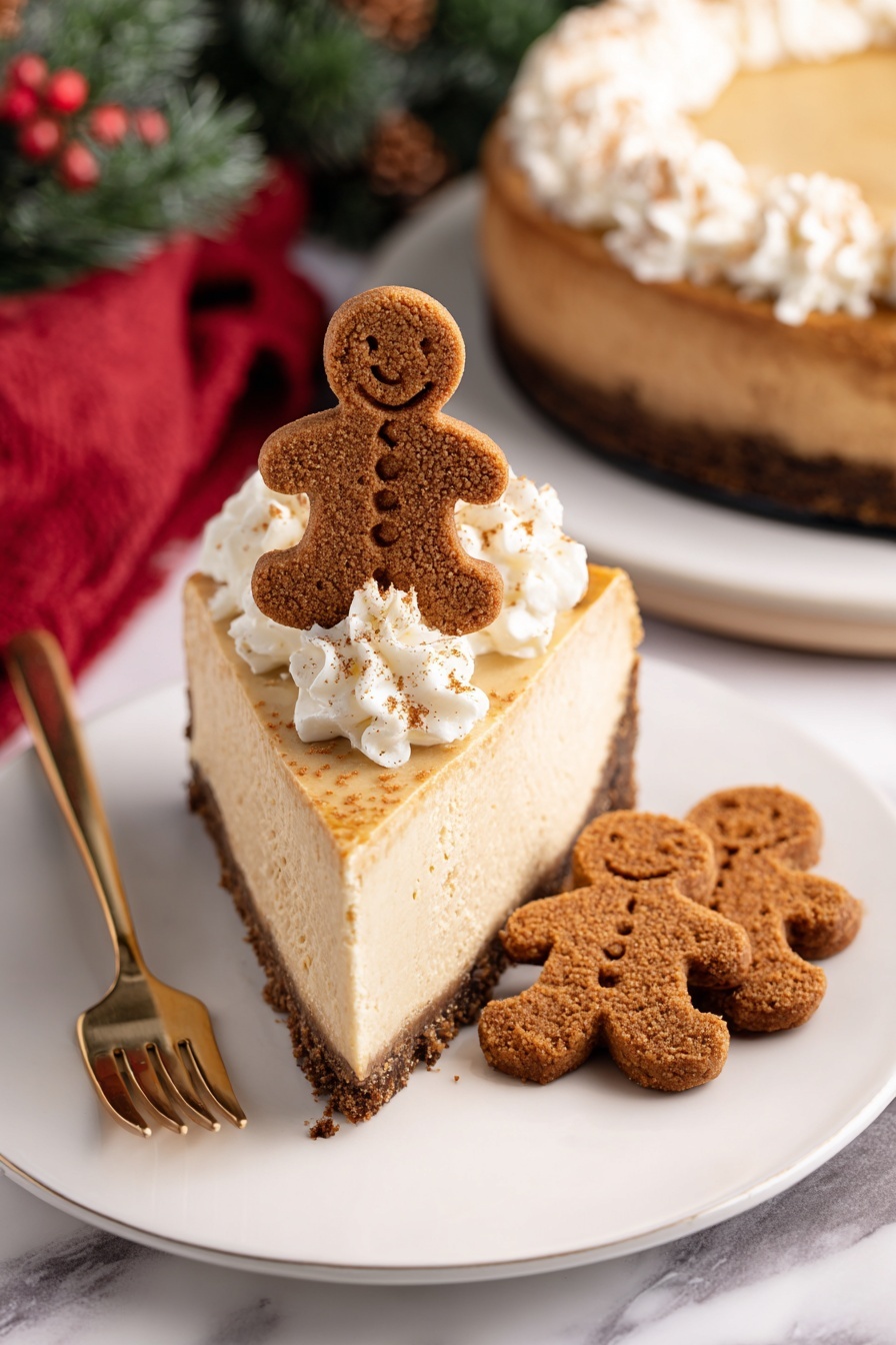 A single slice of light brown cheesecake with a smooth texture sits on a white plate with a crumbly dark brown crust at the base. On top of the cheesecake slice is a layer of white whipped cream with some small brown crumbs sprinkled over it, and a small light brown gingerbread cookie shaped like a smiling little person stands upright in the whipped cream. Next to the slice on the plate are two additional gingerbread cookies lying flat. In the background, the rest of the cheesecake is visible on a white plate. The scene is set on a white marbled surface with some green pine branches and a red cloth adding a festive touch. A gold fork rests on the plate near the cheesecake slice. photo taken with an iphone --ar 2:3 --v 7