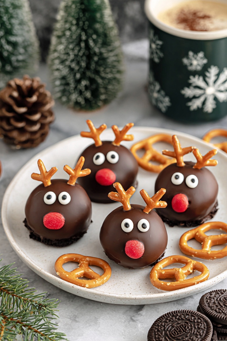 The image shows a white plate on a white marbled surface, holding five round chocolate balls decorated as reindeer faces. Each ball has two small pretzel sticks as antlers placed at the top, two white candy eyes with black dots, and a red candy for the nose in the center front. At the edge of the plate, there are some uncooked pretzels and an Oreo cookie. In the background, there is a dark green mug with white snowflake designs and some pinecones and green pine leaves, all softly out of focus. The photo taken with an iphone --ar 2:3 --v 7