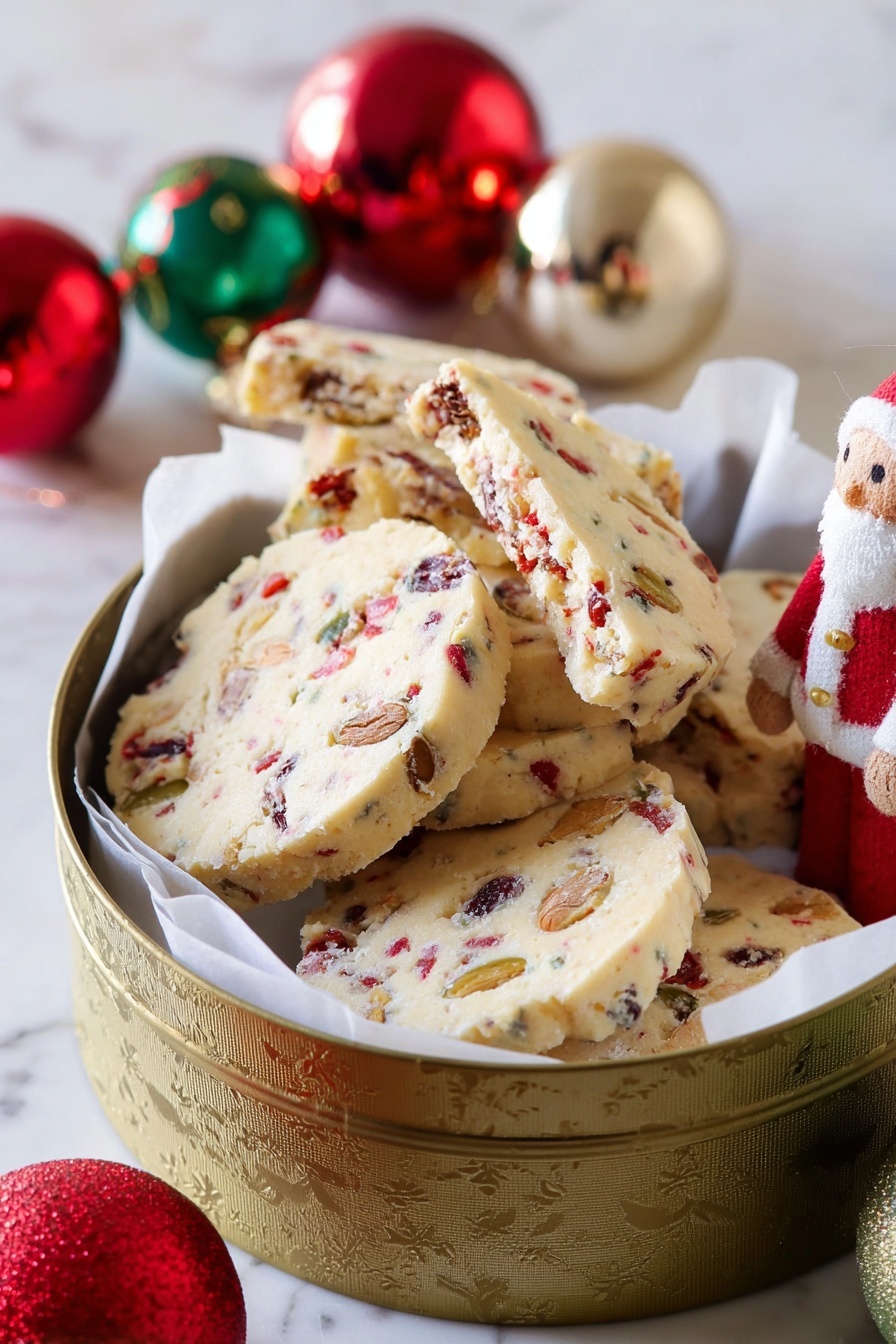 The image shows a round red tin filled with light beige cookies that have colorful small pieces of red, green, and dark brown scattered throughout. The cookies have a slightly crumbly texture and are stacked loosely inside the tin lined with white parchment paper. Around the tin are shiny Christmas ornaments in red, green, and gold, with a small Santa Claus doll leaning against the side of the tin. The scene is set on a white marbled surface with soft, warm lighting. Photo taken with an iphone --ar 2:3 --v 7