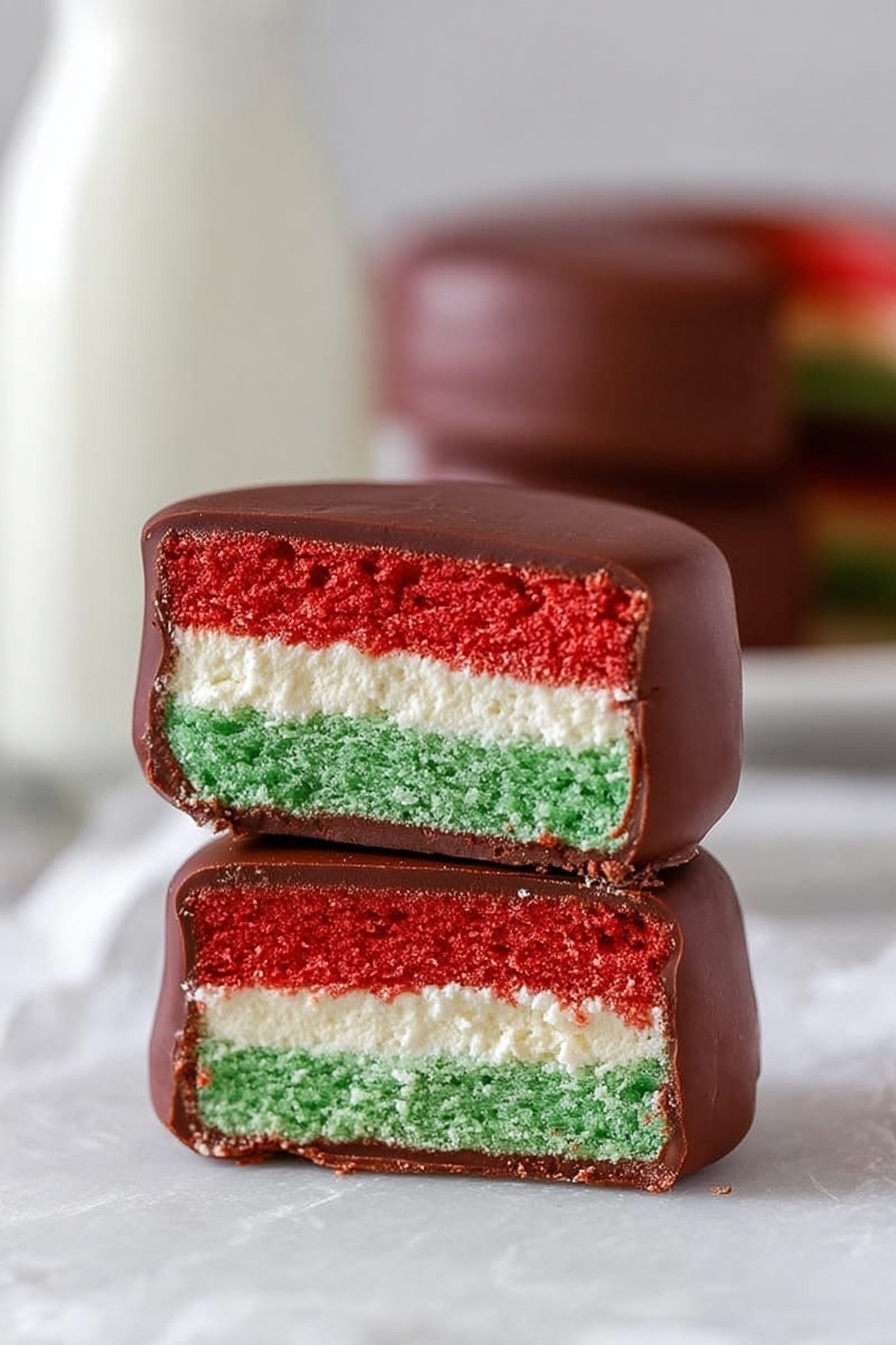 The image shows a close-up of two stacked square cakes with three visible layers, each covered in chocolate. The bottom and top layers are bright red with a soft texture, the middle layer is white and creamy, and the layer below the chocolate coating on top is dark green with a similar soft texture. The chocolate coating is smooth but slightly melting on the sides. The cakes are set on a white marbled surface with a blurred background showing a white bottle with a narrow neck, likely milk. A larger chocolate-covered cake is visible in the background, out of focus. Photo taken with an iphone --ar 2:3 --v 7