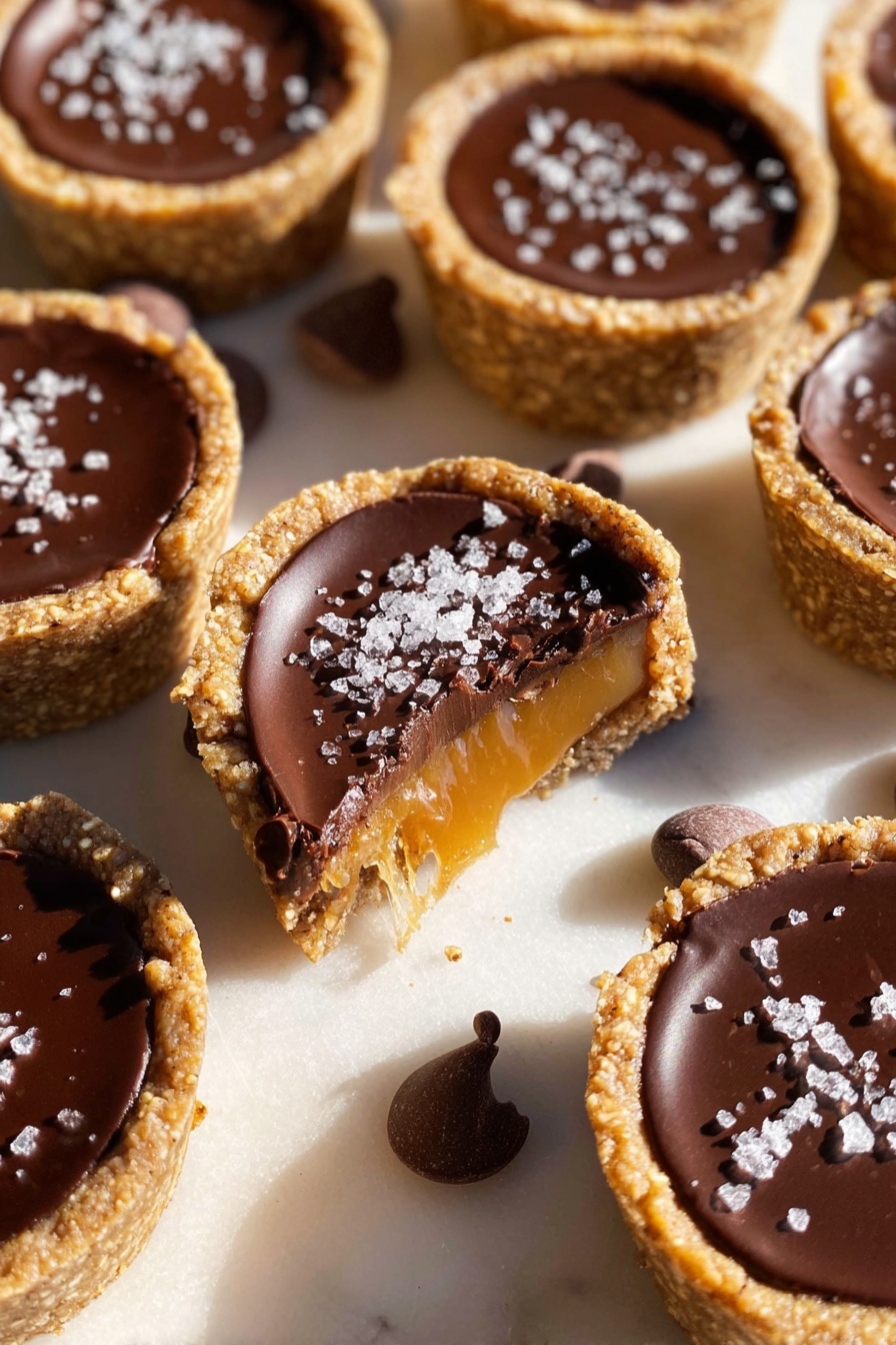 The image shows small round tarts with two layers: the bottom and sides are light brown with a coarse, crumbly texture, and the top layer is smooth, dark chocolate with a shiny finish. Each tart has a slightly thick crust made of a grainy mix, forming a sturdy shell. One tart is cut open, revealing a thick, soft golden caramel layer beneath the chocolate top. Some tarts are sprinkled with small white flaky salt on the chocolate surface. The tarts rest on a white marbled surface with scattered chocolate chips around them. The light casts soft shadows, highlighting the texture and shine of the tarts. photo taken with an iphone --ar 2:3 --v 7