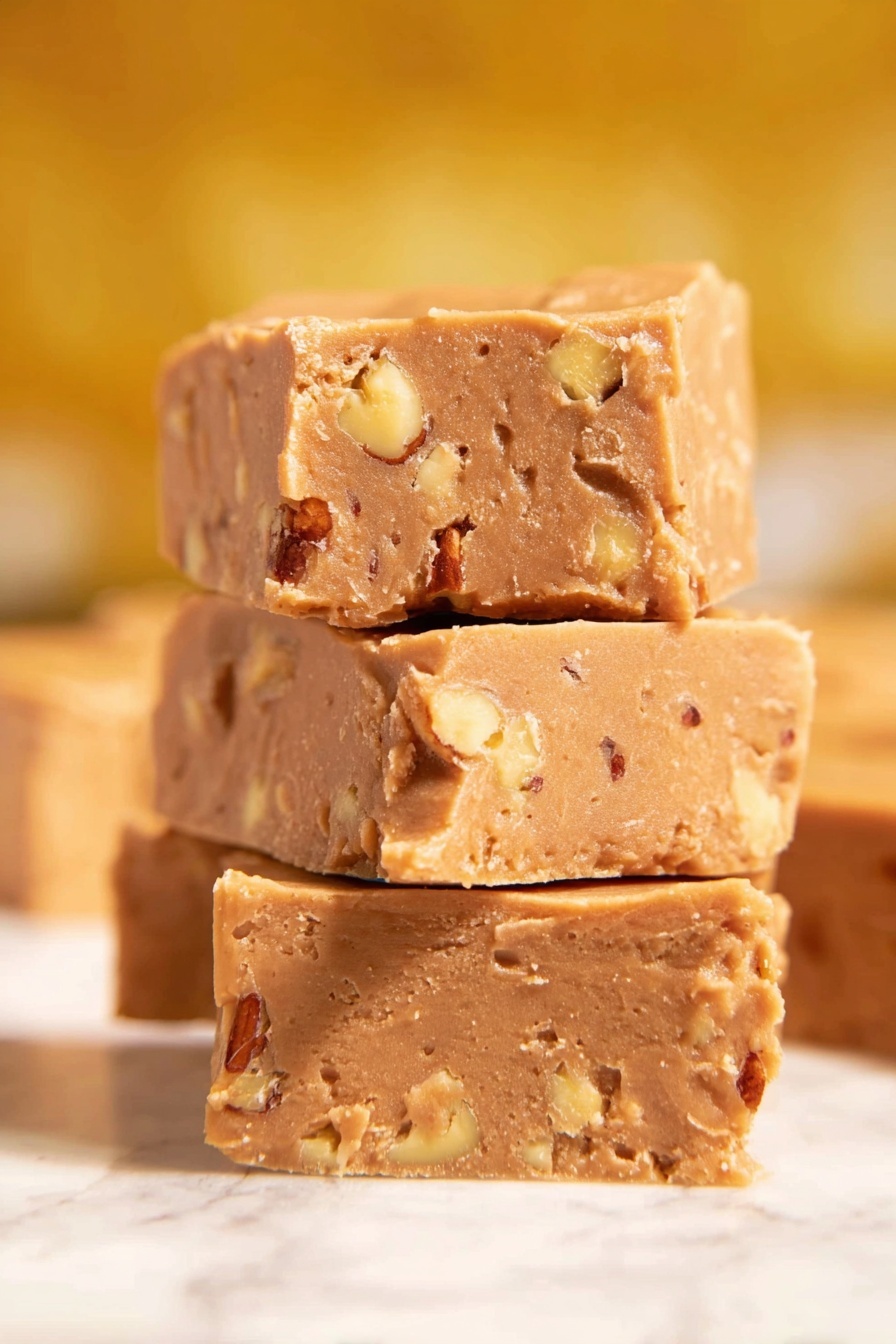 The image shows three thick blocks of light brown fudge stacked on top of each other on a white marbled surface. Each block has small pieces of nuts embedded inside, giving a bumpy texture to the smooth fudge. The fudge has soft and slightly uneven edges, with a matte finish that looks rich and dense. The background is blurred with warm yellow and orange tones, making the fudge stand out clearly. Photo taken with an iphone --ar 2:3 --v 7