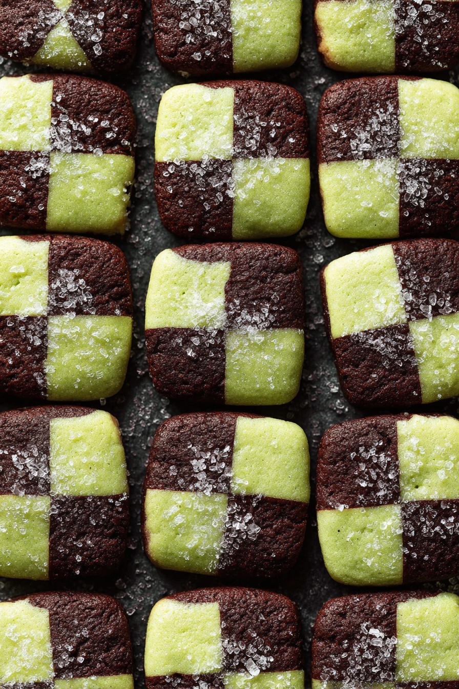 The image shows a close-up top view of multiple checkerboard cookies arranged side by side on a dark textured surface. Each cookie has a square shape and is made of four smaller squares of alternating light cream and dark brown dough, forming a checkered pattern. The light cream squares have a smooth texture, while the dark brown squares look slightly textured. Some cookies are sprinkled lightly with coarse sugar crystals that catch the light, adding a sparkling effect. The cookies fill the frame with no other items visible. photo taken with an iphone --ar 2:3 --v 7