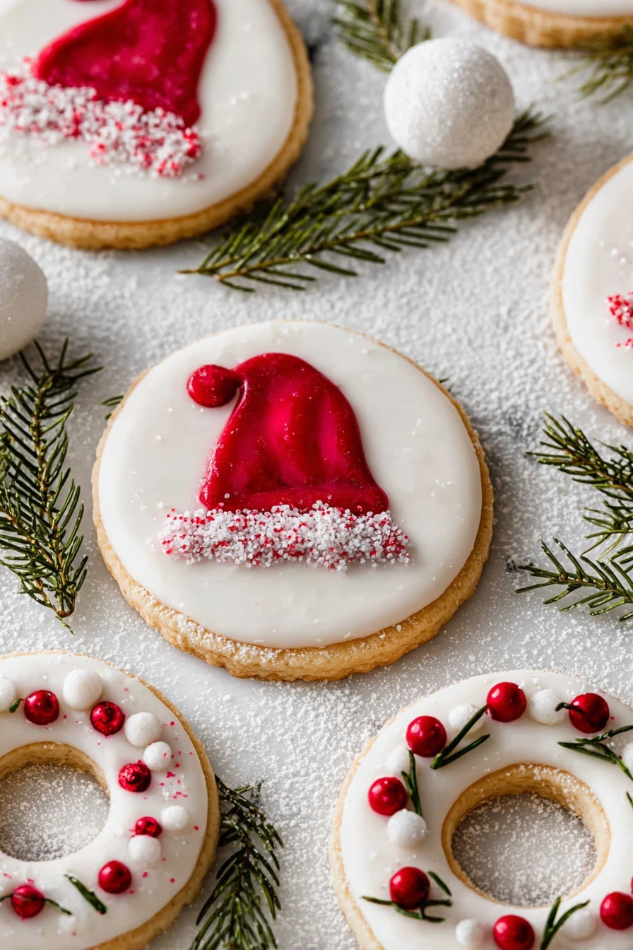 The image shows a close-up of round cookies with white icing, arranged on a white marbled surface dusted with powdered sugar. There are two types of cookies: some are solid circles decorated with red icing shaped like a Christmas hat with white sugar sprinkles for the hat’s fur, and others are ring-shaped with white icing decorated with small red and white candy balls and tiny green rosemary sprigs. The cookies have a light golden-brown edge, and the overall look is festive and wintery with green pine needles and a white Christmas ornament placed around the cookies for decoration. Photo taken with an iphone --ar 2:3 --v 7
