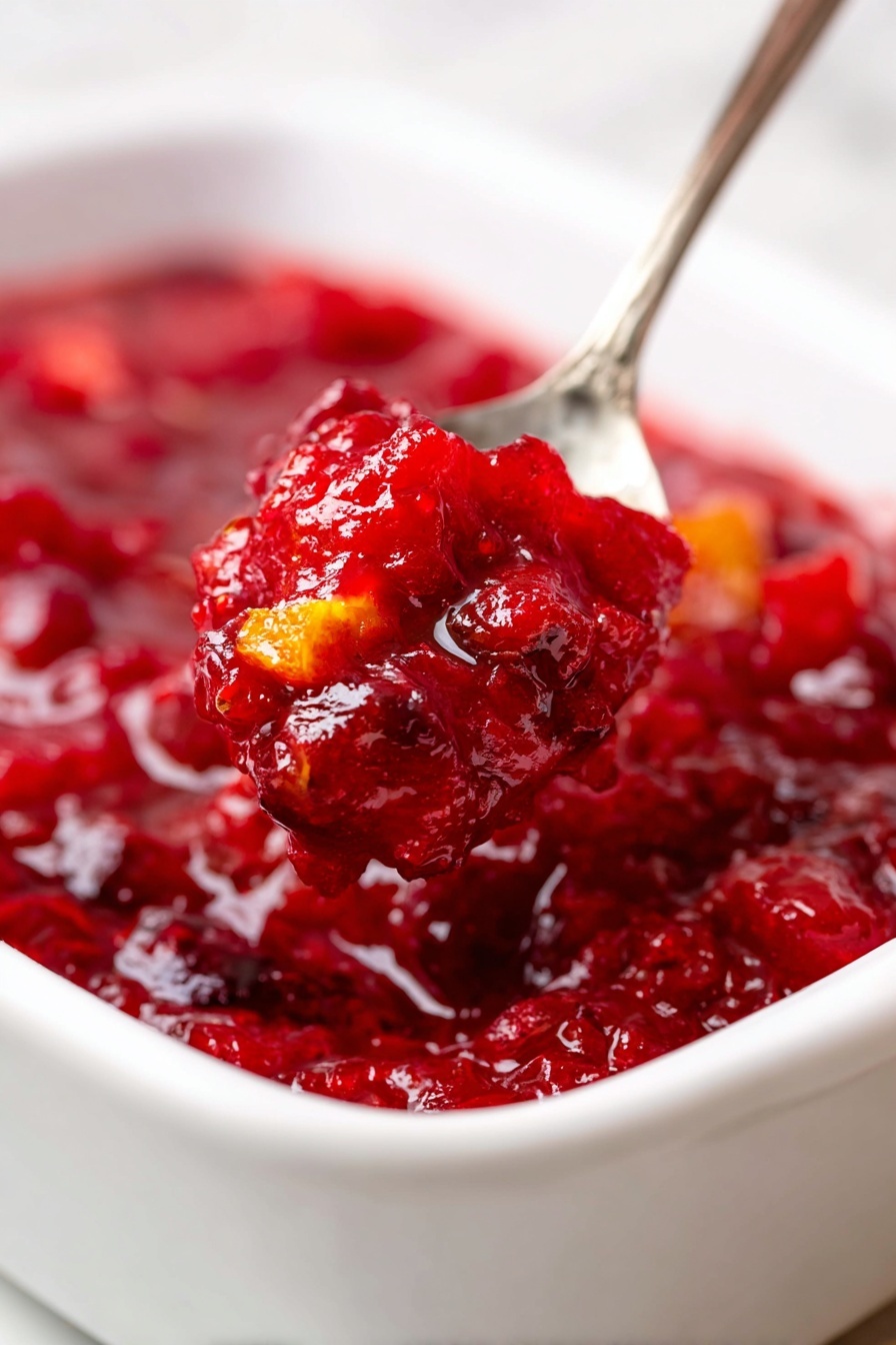 A close-up view of a white dish filled with chunky red cranberry sauce that has a shiny and thick texture. The sauce shows whole and broken cranberries mixed with small pieces of orange peel, adding some light orange color spots. A silver spoon scoops up a thick amount of the sauce, showing its moist and juicy consistency. The background has a soft white marbled surface that keeps the focus on the bright red and textured sauce. photo taken with an iphone --ar 2:3 --v 7
