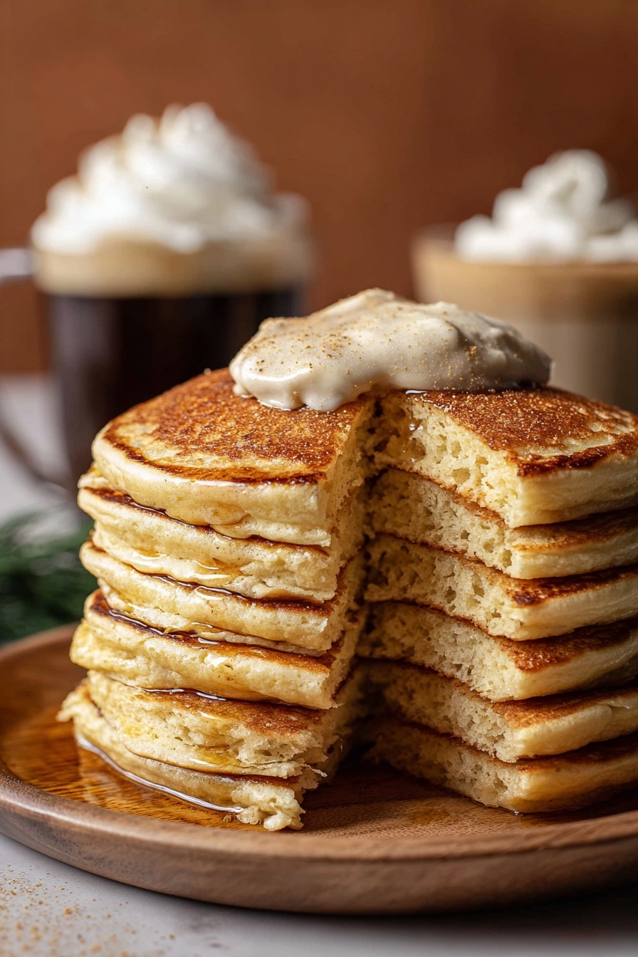 A tall stack of seven golden-brown pancakes sits on a white plate with a wooden texture. The top pancake is topped with two dollops of creamy, light brown butter melting slowly down the sides. One pancake is slightly pulled out, showing its soft, airy, and moist inside with a porous texture. Behind the plate, out of focus, is a dark glass of coffee and a cup filled with whipped cream, all placed on a white marbled surface with a warm brown background. photo taken with an iphone --ar 2:3 --v 7