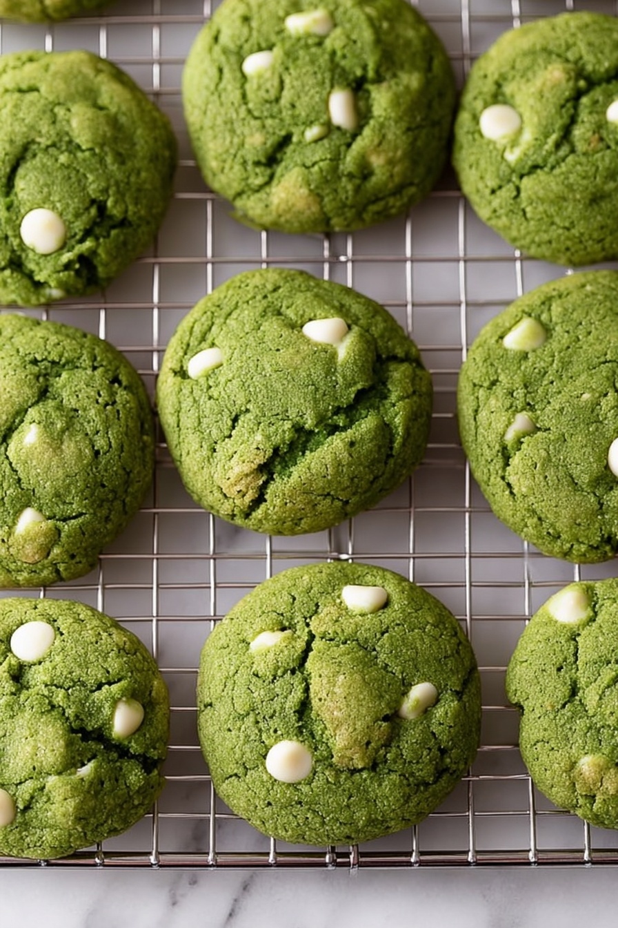 The image shows a batch of green cookies with white chocolate chips scattered evenly inside each one. The cookies have a soft, slightly cracked texture on top and are placed on a silver wire cooling rack. The cooling rack sits on a white marbled surface. Each cookie is round and thick, with the green color being bright and consistent throughout. The white chips create a nice contrast against the green dough, visible on the surface of all cookies. Photo taken with an iphone --ar 2:3 --v 7