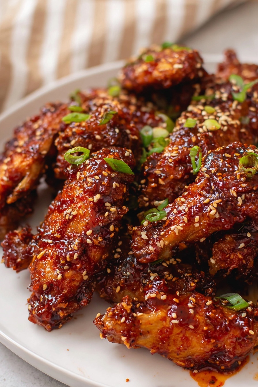 The image shows a pile of crispy chicken wings coated in a sticky, dark red sauce, with a shiny, thick texture. The wings are arranged closely on a white plate. The sauce is sprinkled with small, light tan sesame seeds scattered unevenly across the wings. Bright green chopped scallions are sprinkled on top, adding spots of fresh color. The white marbled surface is faintly visible under the plate. The background is softly blurred with a striped cloth visible in beige and white colors. Photo taken with an iphone --ar 2:3 --v 7