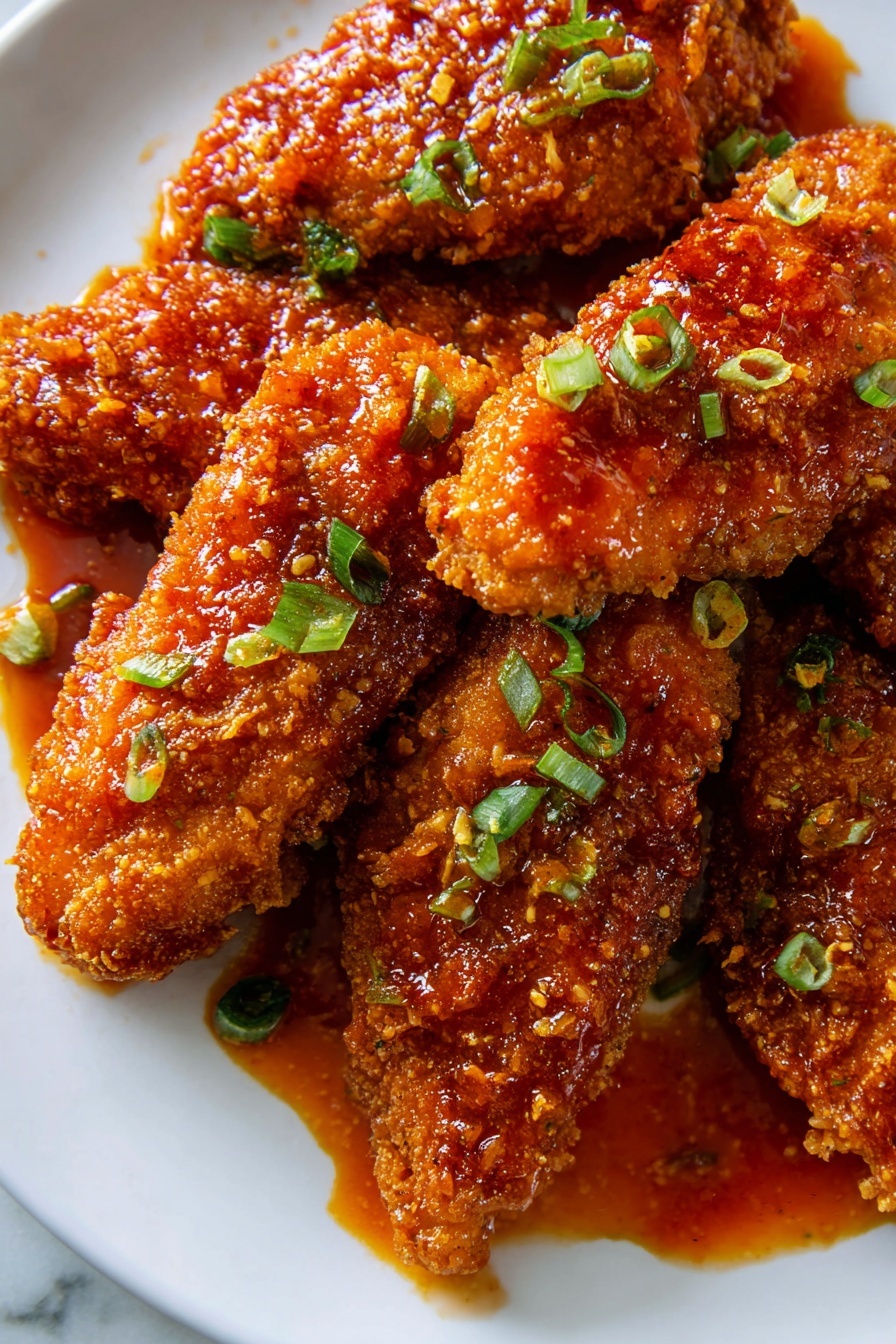 The image shows several pieces of crispy fried chicken tenders placed closely together on a white plate over a white marbled surface. Each piece has a thick, crunchy, golden-brown coating with a slightly rough texture. The chicken is covered in a shiny, sticky red-orange sauce that makes the crust glisten. Small bits of green sliced scallions are sprinkled evenly over the chicken, adding a fresh contrast in color. Some sauce pools around the tenders on the plate, showing a rich, glossy appearance. photo taken with an iphone --ar 2:3 --v 7