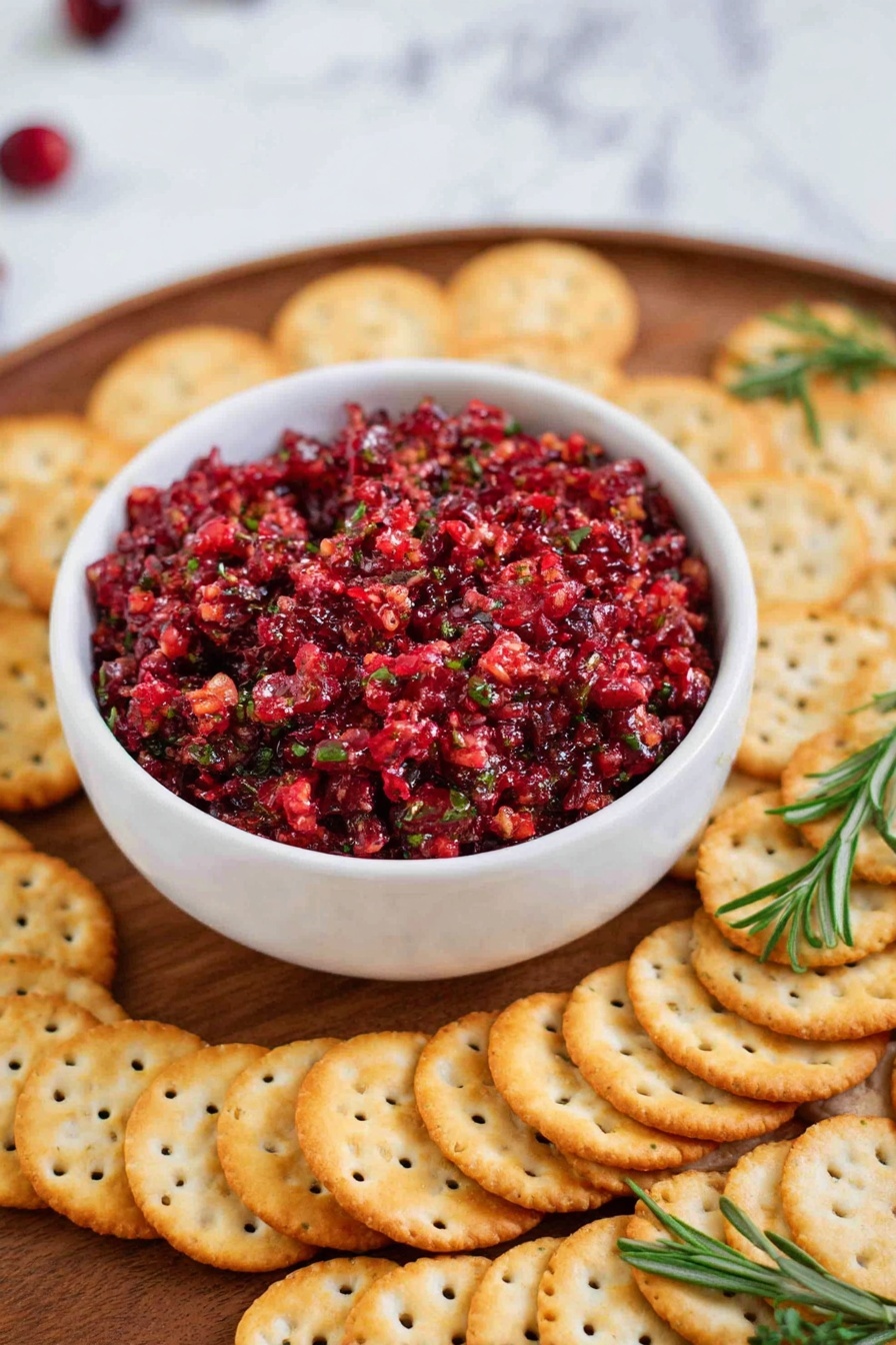 A white bowl filled with finely chopped cranberry relish, showing deep red and pink tones mixed with small pieces of green herbs, sits on a round wooden board. Around the bowl, there is one layer of round crackers, which are golden-brown with small holes, arranged closely in a circular shape. Some green sprigs are placed between the crackers for a touch of color. The background is a white marbled texture. Photo taken with an iphone --ar 2:3 --v 7