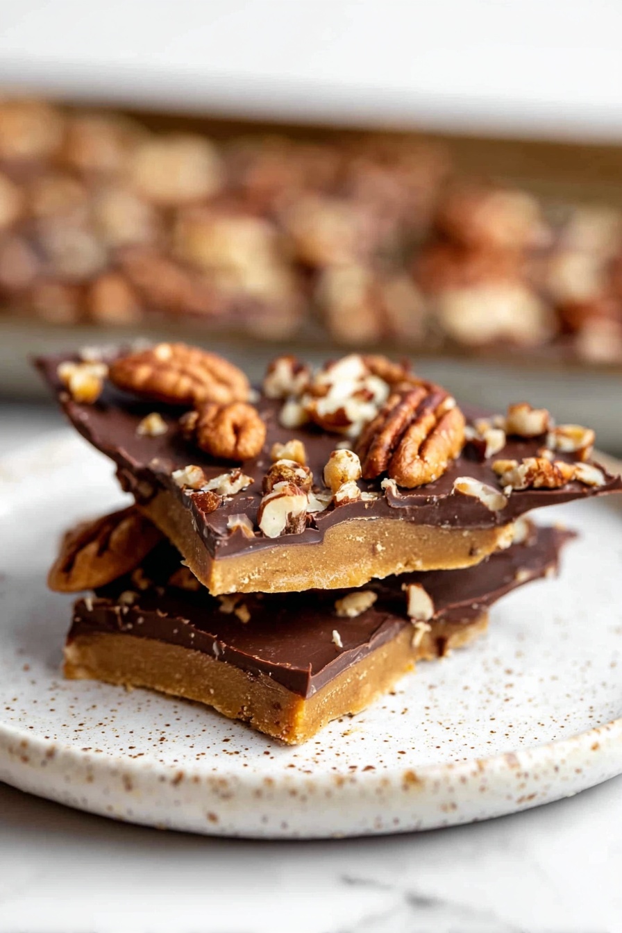 The image shows two broken pieces of nut and chocolate bark stacked on a white speckled ceramic plate. The bottom layer is a golden brown toffee-like base with a smooth texture. On top is a thick, glossy layer of dark chocolate, rich and smooth in appearance. Scattered over the chocolate are large, whole pecans and smaller nut bits, adding a rough and crunchy texture with their warm brown and beige colors. The plate sits on a surface with a white marbled texture, and the background is softly blurred, featuring more pieces of the nut and chocolate bark in a baking tray. photo taken with an iphone --ar 2:3 --v 7