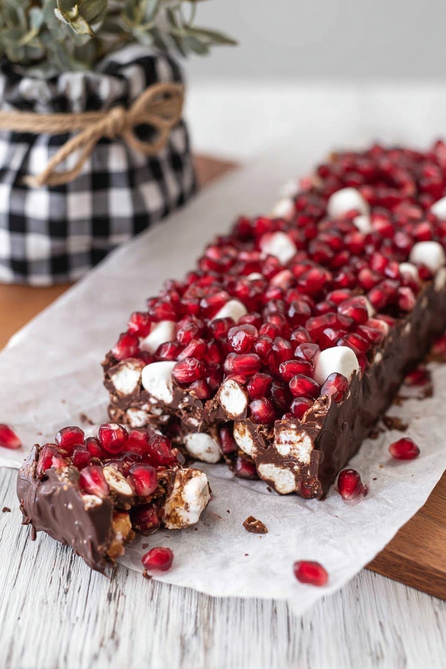 A rectangular chocolate dessert bar sits on white parchment paper over a wooden surface with a white marbled texture. The bar is thick and packed with white marshmallow pieces and what looks like nuts inside the dark chocolate layer. The top is covered fully with bright red pomegranate seeds, some of which have fallen around the dessert. A small section is broken off and placed near the bar, showing the chunky texture inside. A plant wrapped in a black and white check cloth tied with rope is in the background. Photo taken with an iphone --ar 2:3 --v 7