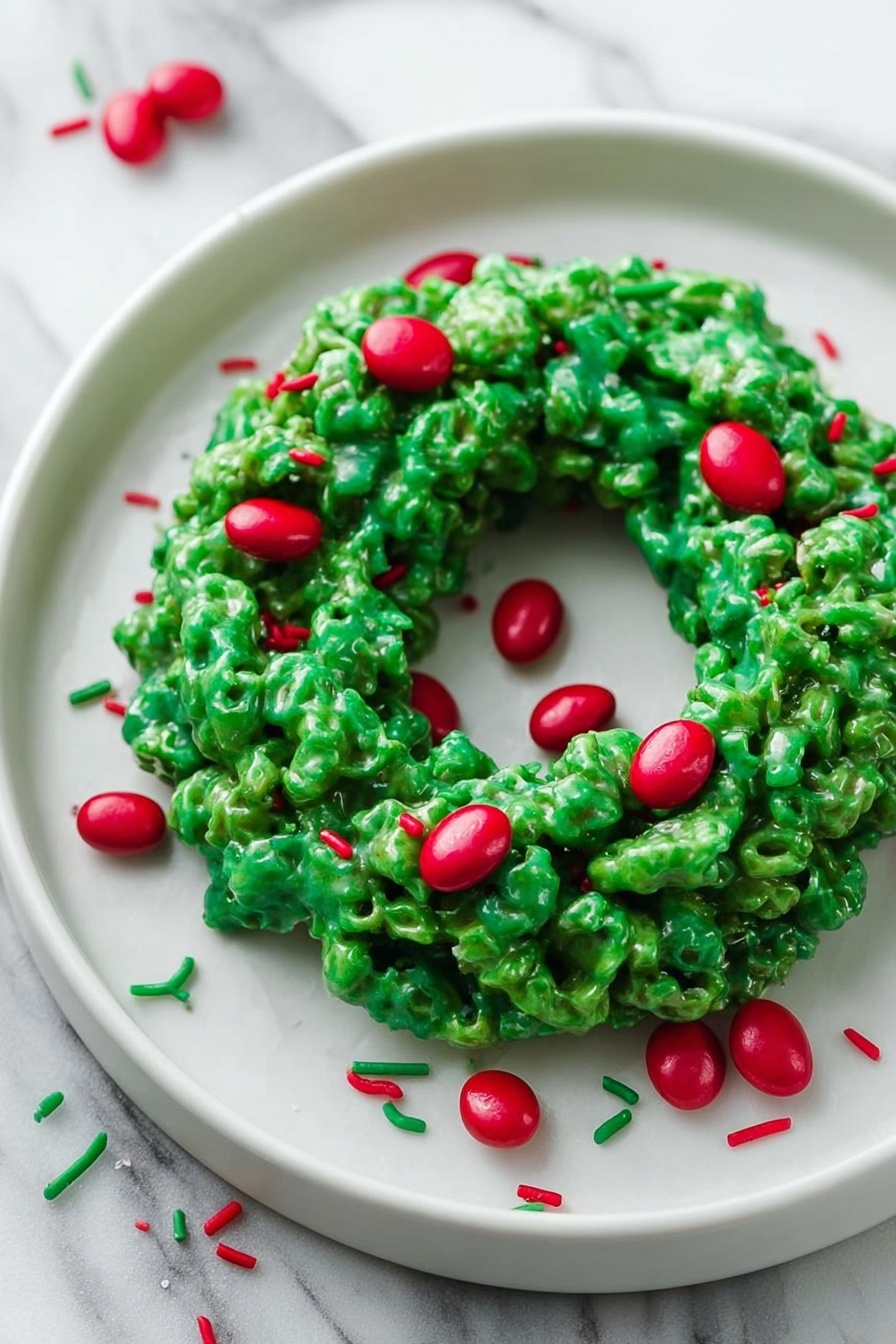 The image shows several small green wreath-shaped treats made from clusters of shiny green popcorn tightly packed together to form rounded rings. Each wreath is decorated with bright red round candies placed in groups of three to five on top, resembling holly berries. The wreaths sit on a white plate, which rests on a white marbled surface. Some sprinkles in red and green colors are scattered around the wreaths and plate, adding a festive touch. Photo taken with an iphone --ar 2:3 --v 7