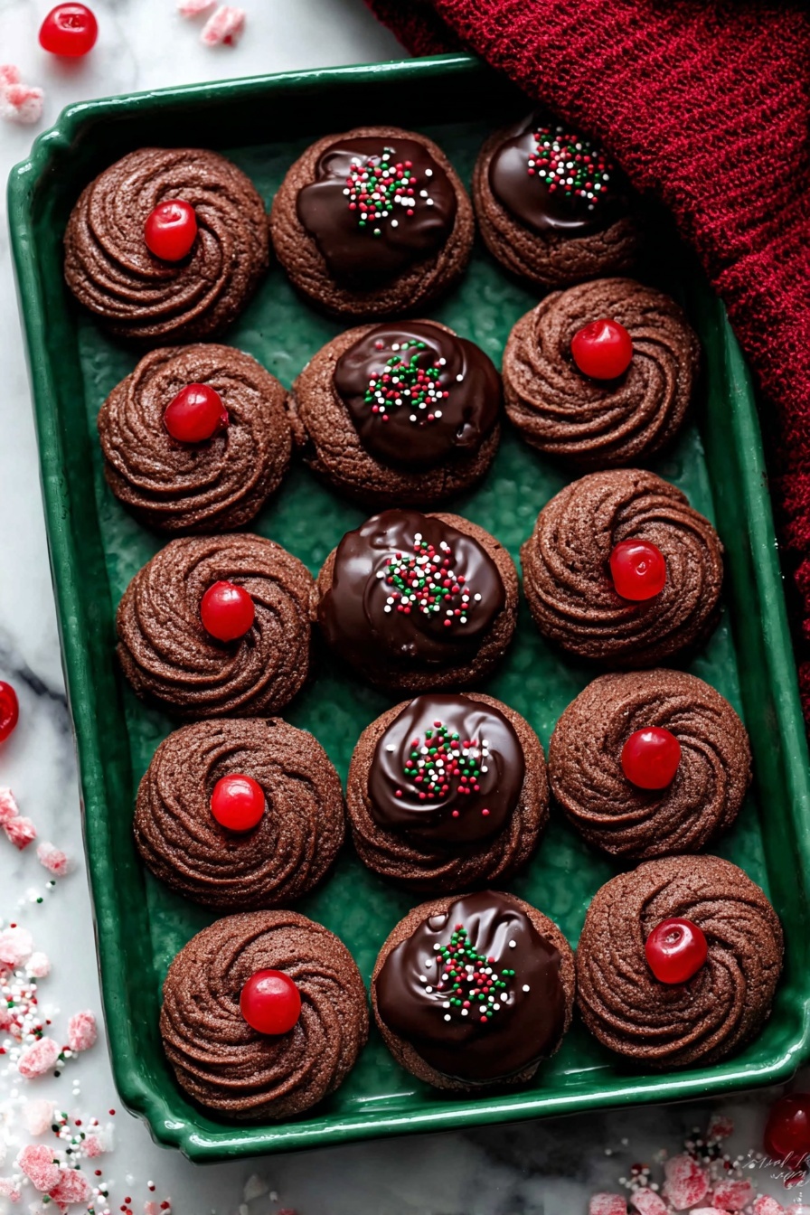 A green tray holds twelve chocolate swirl cookies arranged in a grid. Each cookie has a deep brown color with a textured spiral pattern. Six cookies are half dipped in glossy dark chocolate, topped with small round sprinkles in red, green, and white. The other six cookies have a bright red cherry placed at the center of the swirl. The tray sits on a white marbled surface with some scattered red, green, and white sprinkles around it. A deep red knitted cloth is partially visible at the top right corner of the tray. photo taken with an iphone --ar 2:3 --v 7