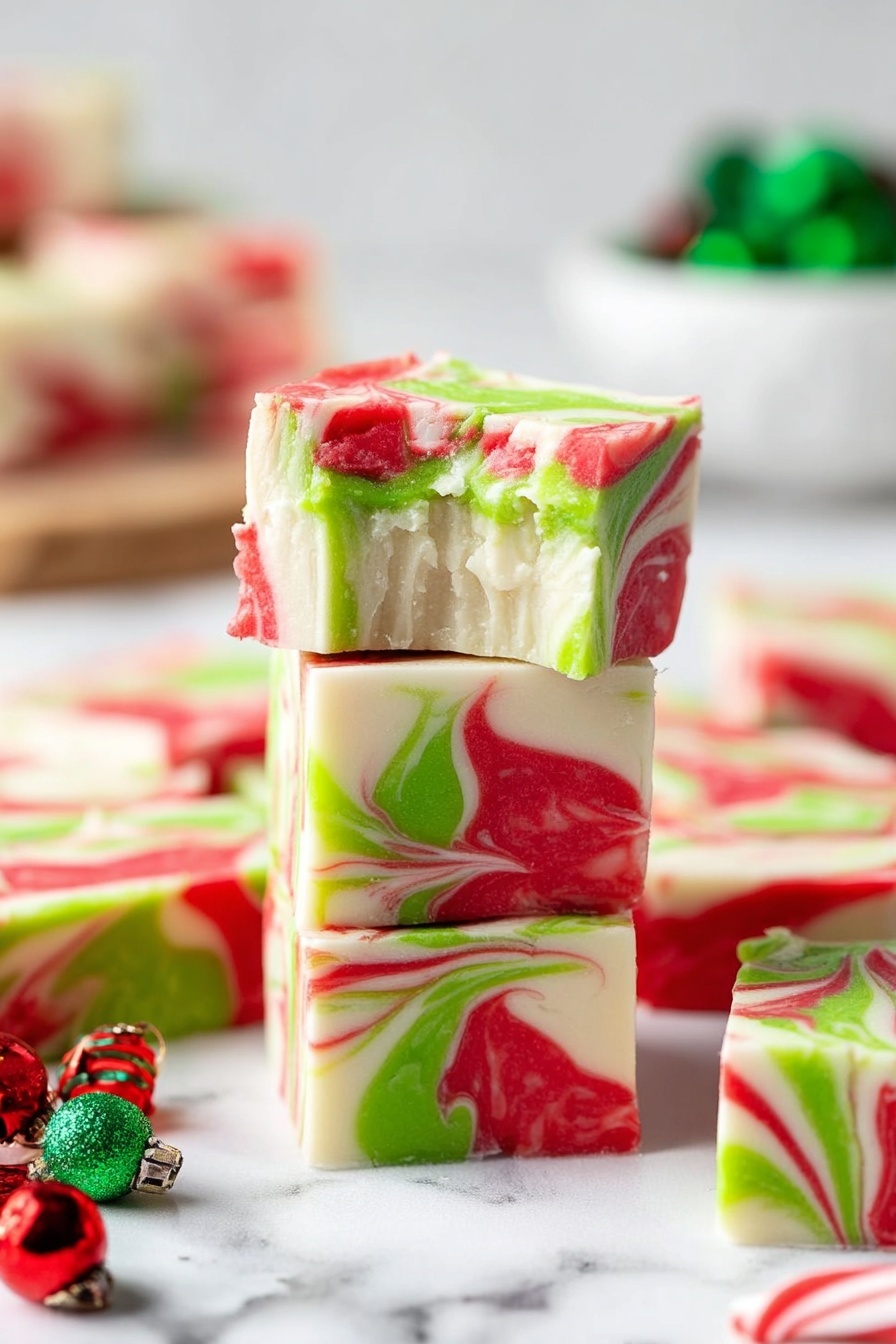 The image shows a stack of four square blocks of fudge with three colors swirled throughout: white, bright red, and bright green. The fudge layers are mixed in a marbled pattern, with each block showing different swirls of the three colors. The top piece has a bite taken out of it, revealing the soft texture inside. Around the stack, there are more pieces of the same fudge laid on a white marbled surface, along with some small colorful jingle bells at the bottom left corner. In the background, there is a blurred white bowl and some green sticks. The style is bright and festive, with a clear focus on the colorful swirl fudge pieces photo taken with an iphone --ar 2:3 --v 7